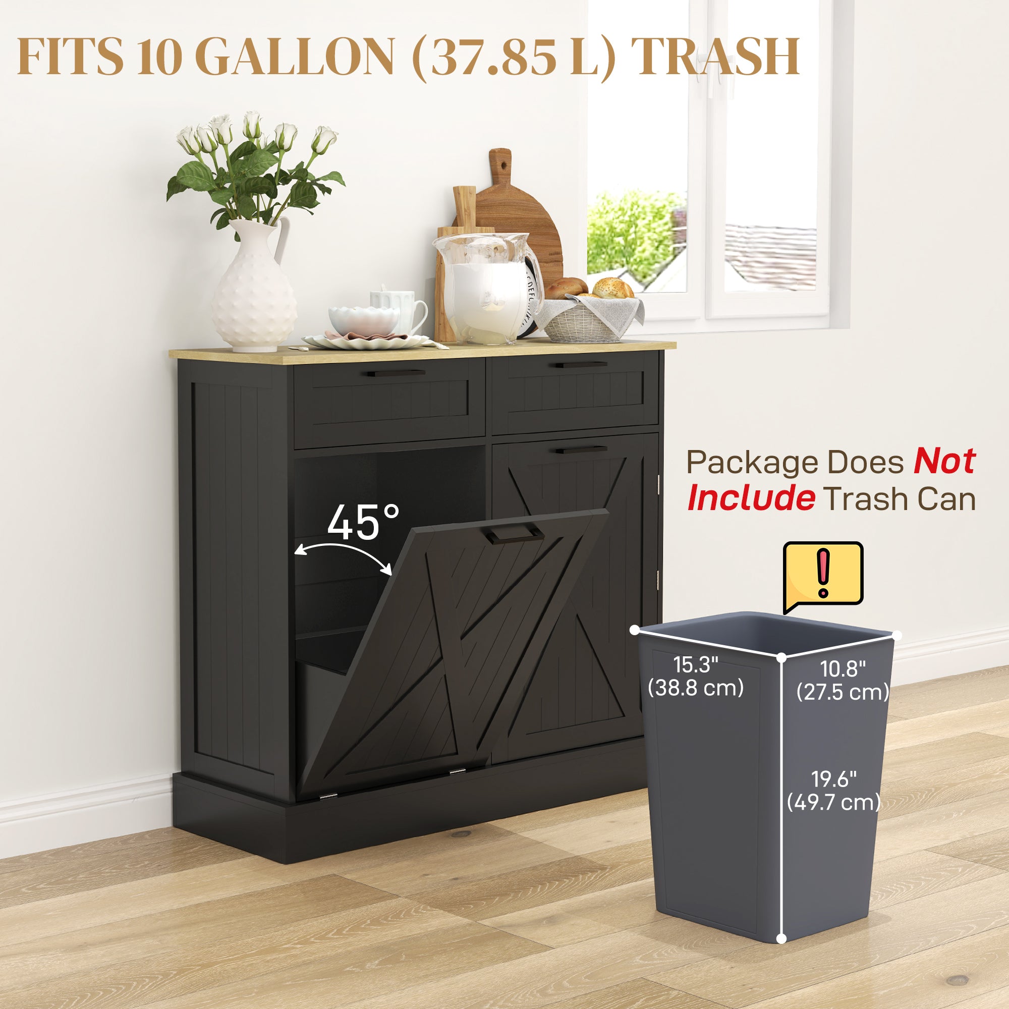 HOMCOM Tilt Out Trash Cabinet, Freestanding Kitchen Island with 2 Drawers, Hidden Garbage Bin Cabinet with Spice Rack for Laundry, Hallway, Black