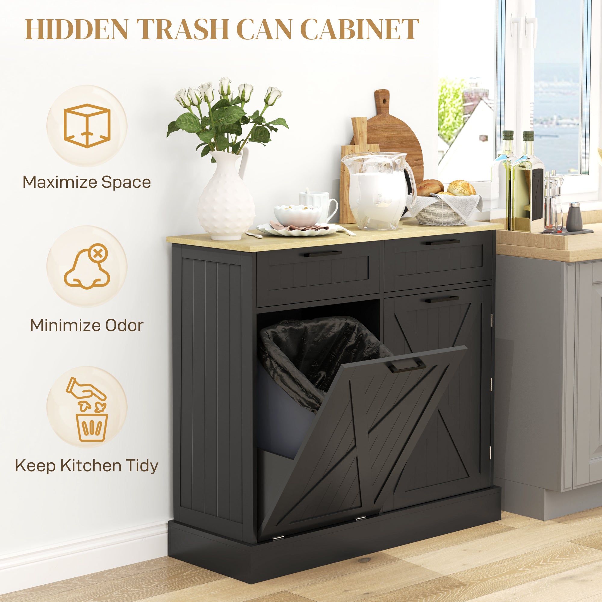 HOMCOM Tilt Out Trash Cabinet, Freestanding Kitchen Island with 2 Drawers, Hidden Garbage Bin Cabinet with Spice Rack for Laundry, Hallway, Black