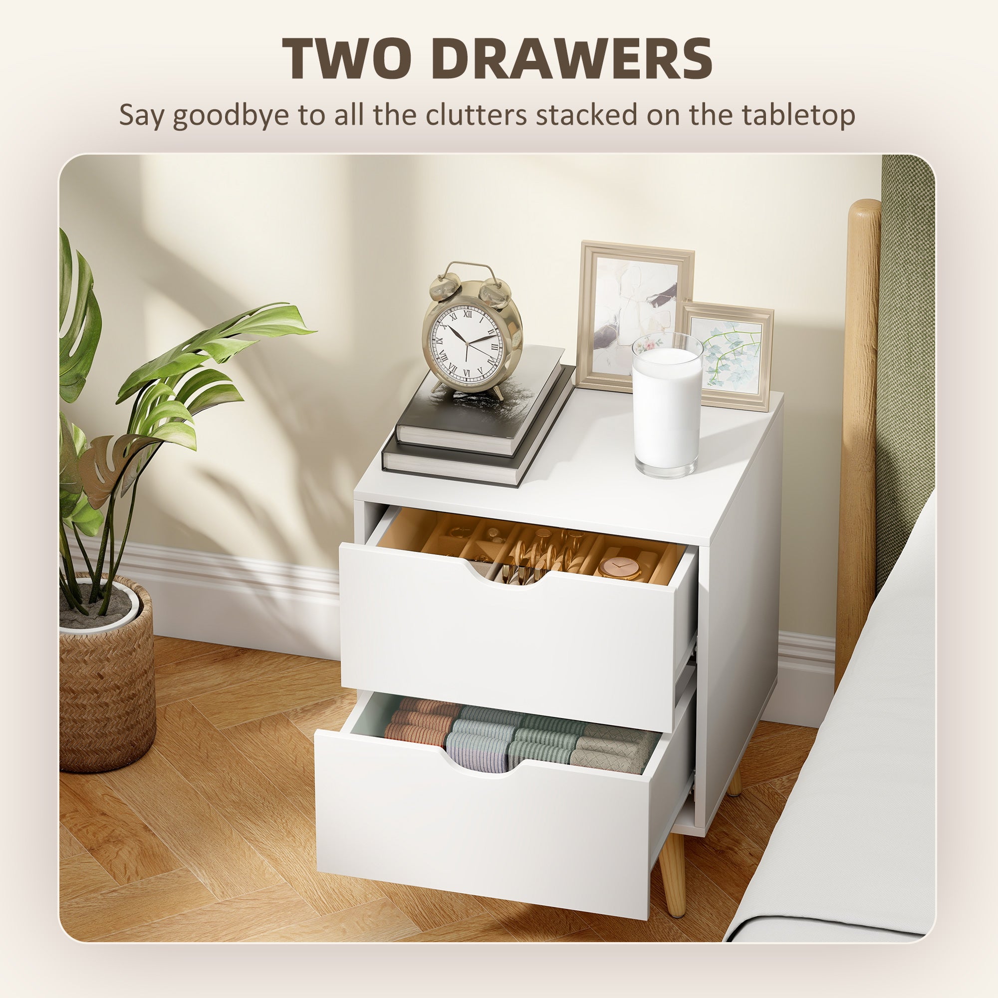 Modern Nightstand Set of 2, Bedside Table with 2 Drawers, End Table with Pine Wood Legs for Bedroom, White