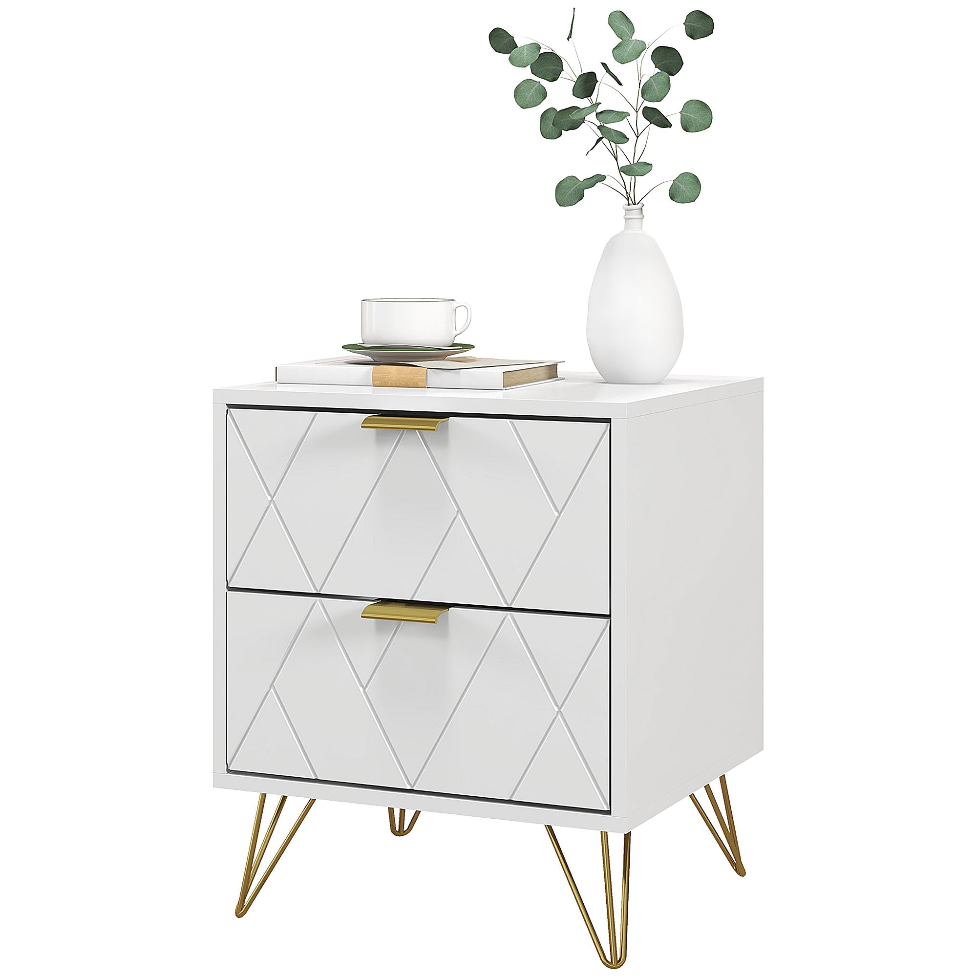 HOMCOM Bedside Table, Modern Nightstand with 2 Drawers, Small Sofa End Table with Storage and Gold Hairpin Legs for Bedroom, White