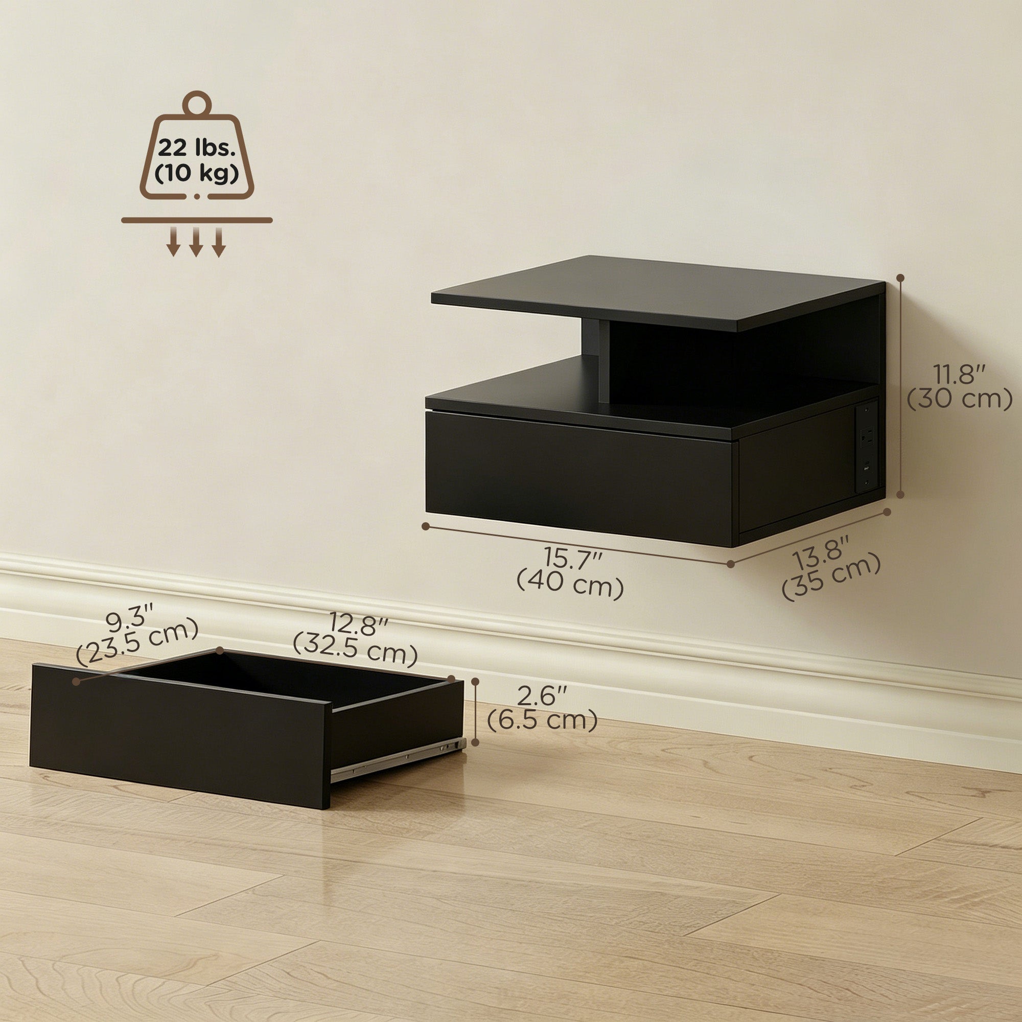 Floating Nightstand Set of 2, Wall Mounted Bedside Table with Power Outlets, Drawer and Open Shelf, Small Night Stand for Bedroom, Black