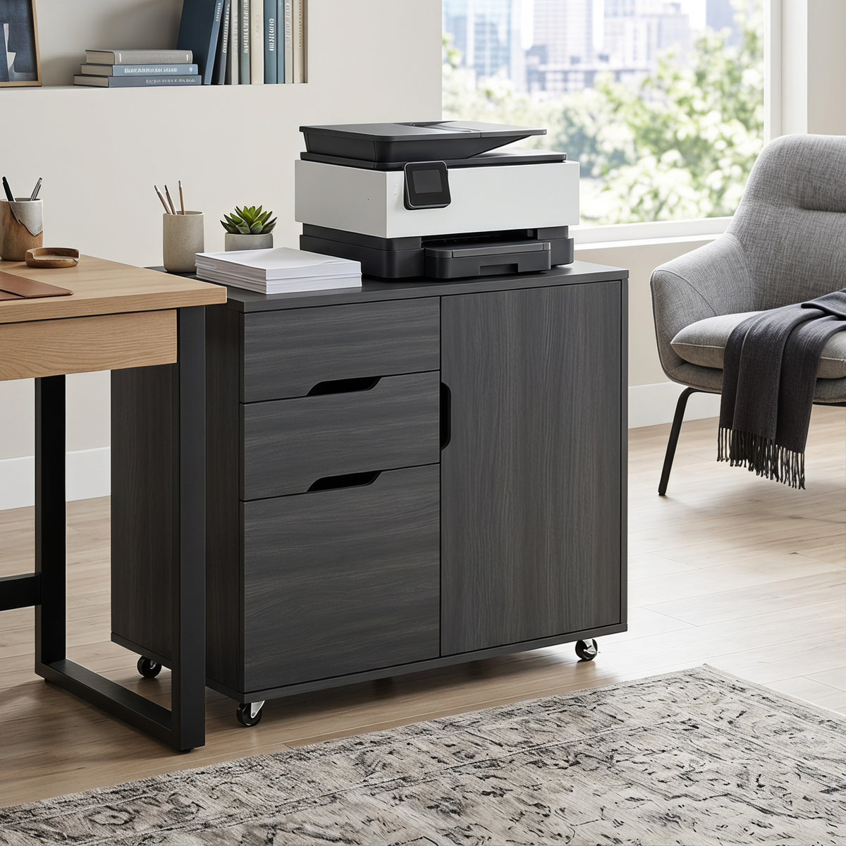 Lateral File Cabinet with Cabinet, Home Office Printer Stand, 3-Drawer Mobile Filing Cabinet, Lockable Wheels, Adjustable Shelf, for A4, Letter-Size Files, Black Wood Grain