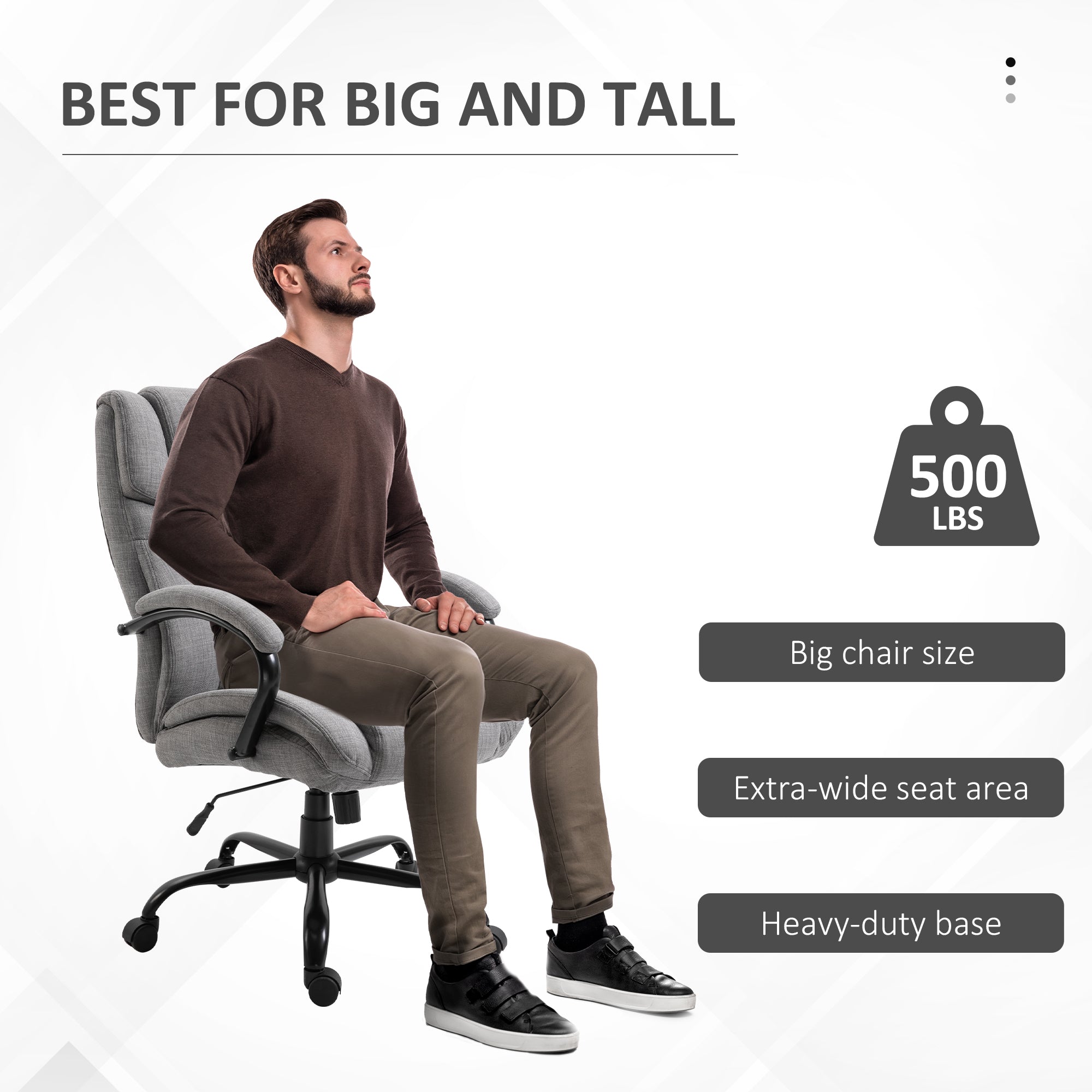 500lbs Big and Tall Office Chair with Wide Seat, Ergonomic Executive Computer Chair with Adjustable Height, Swivel Wheels and Linen Finish, Light Grey