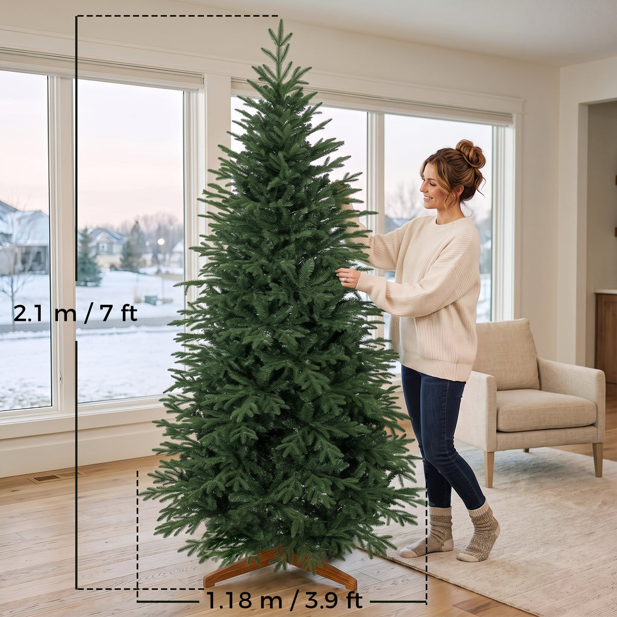 7ft Artificial Christmas Tree, Full Hinged Xmas Tree with 2719 PE & PVC Tips, Solid Pine Wood Stand for Home Office Holiday Decoration, Green