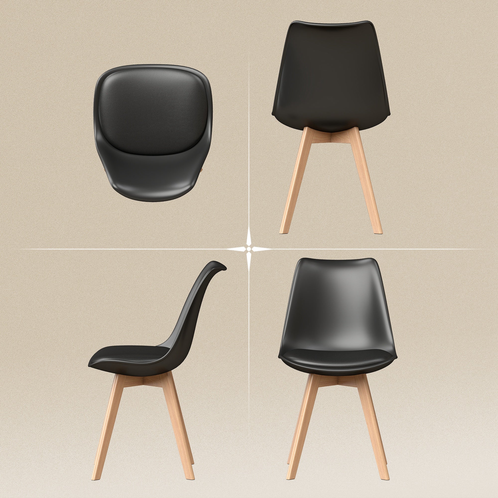 Dining Chairs Set of 6, Modern Kitchen Chairs with PU Leather Cushion and Wood Base, Upholstered Accent Chairs for Living Room and Dining Room, Black