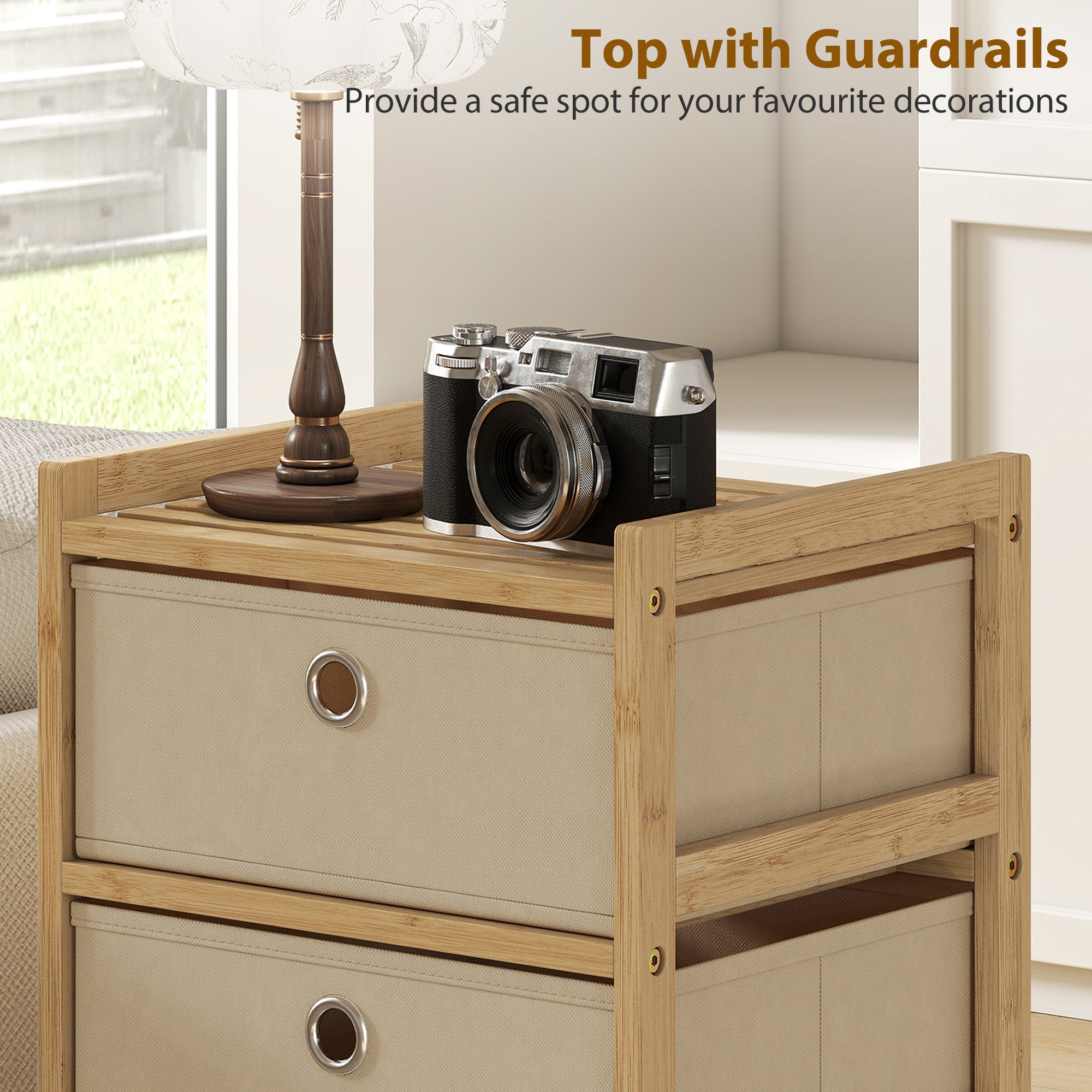 Chest of Drawers, 3 Fabric Drawers Dresser with Bamboo Frame, Narrow Storage Unit for Small Spaces, Bedroom, Living Room, Hallway, Cream White