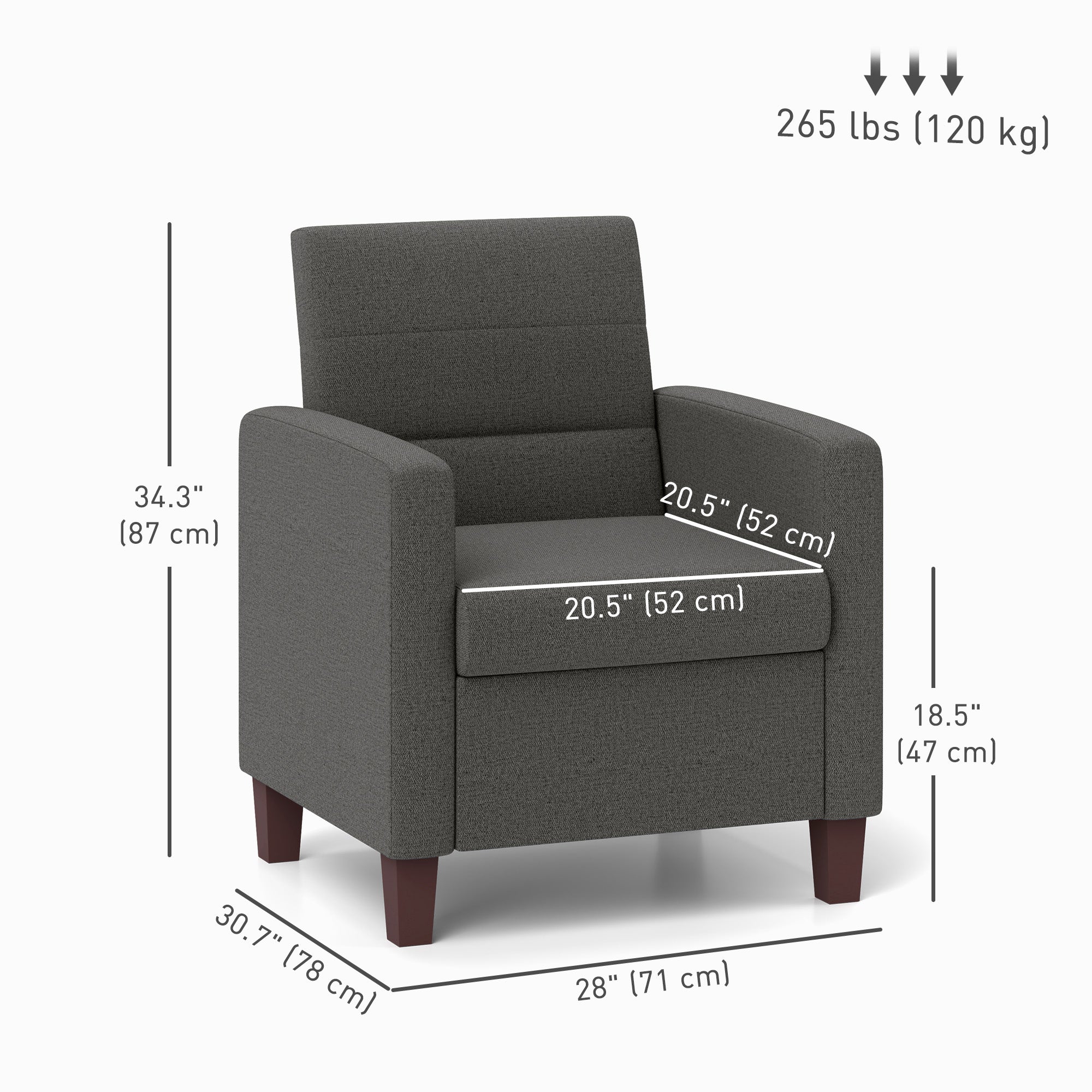 HOMCOM Modern Armchair, Fabric Accent Chair with Seat Cushion and Non-Slip Pads for Living Room, Bedroom, Dark Grey