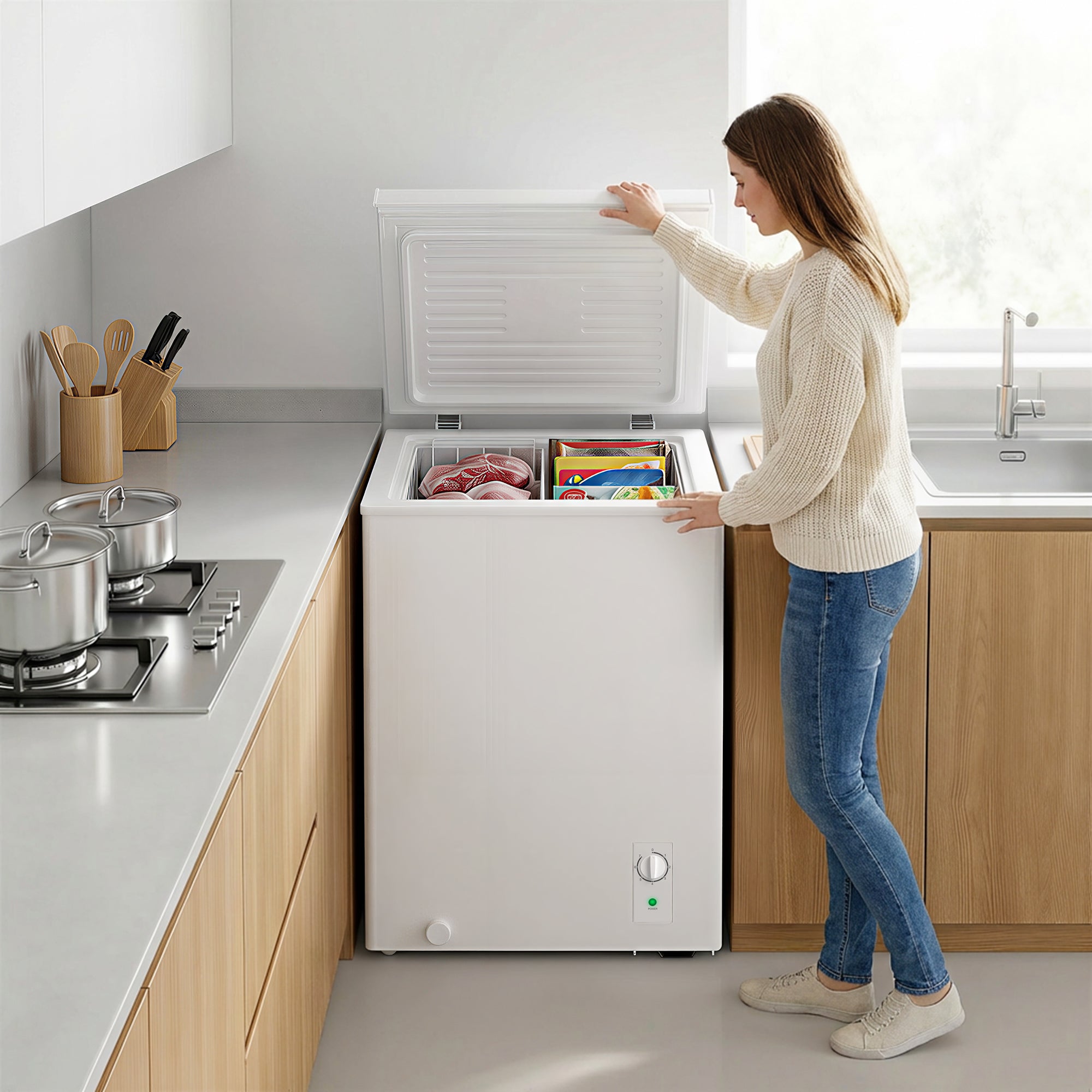 Mini Freezer, 3.5 Cu.Ft Compact Chest Freezer with 5-Setting Adjustable Thermostat, Wire Basket, Quiet Operation for Kitchen, Garage, Dining Room, White