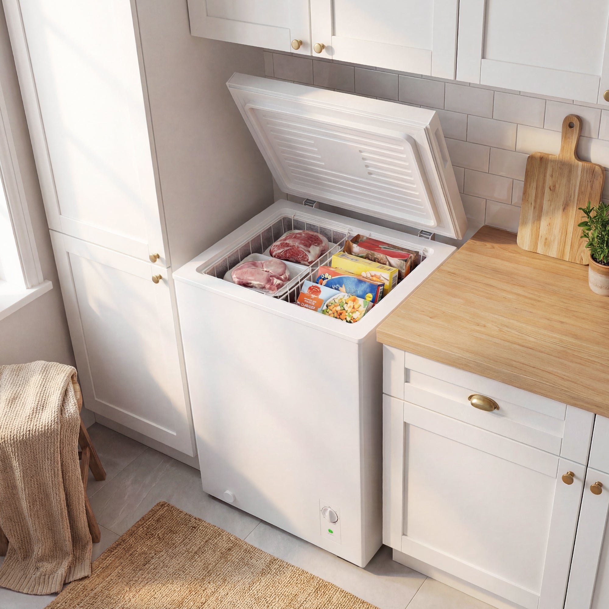 Mini Freezer, 3.5 Cu.Ft Compact Chest Freezer with 5-Setting Adjustable Thermostat, Wire Basket, Quiet Operation for Kitchen, Garage, Dining Room, White