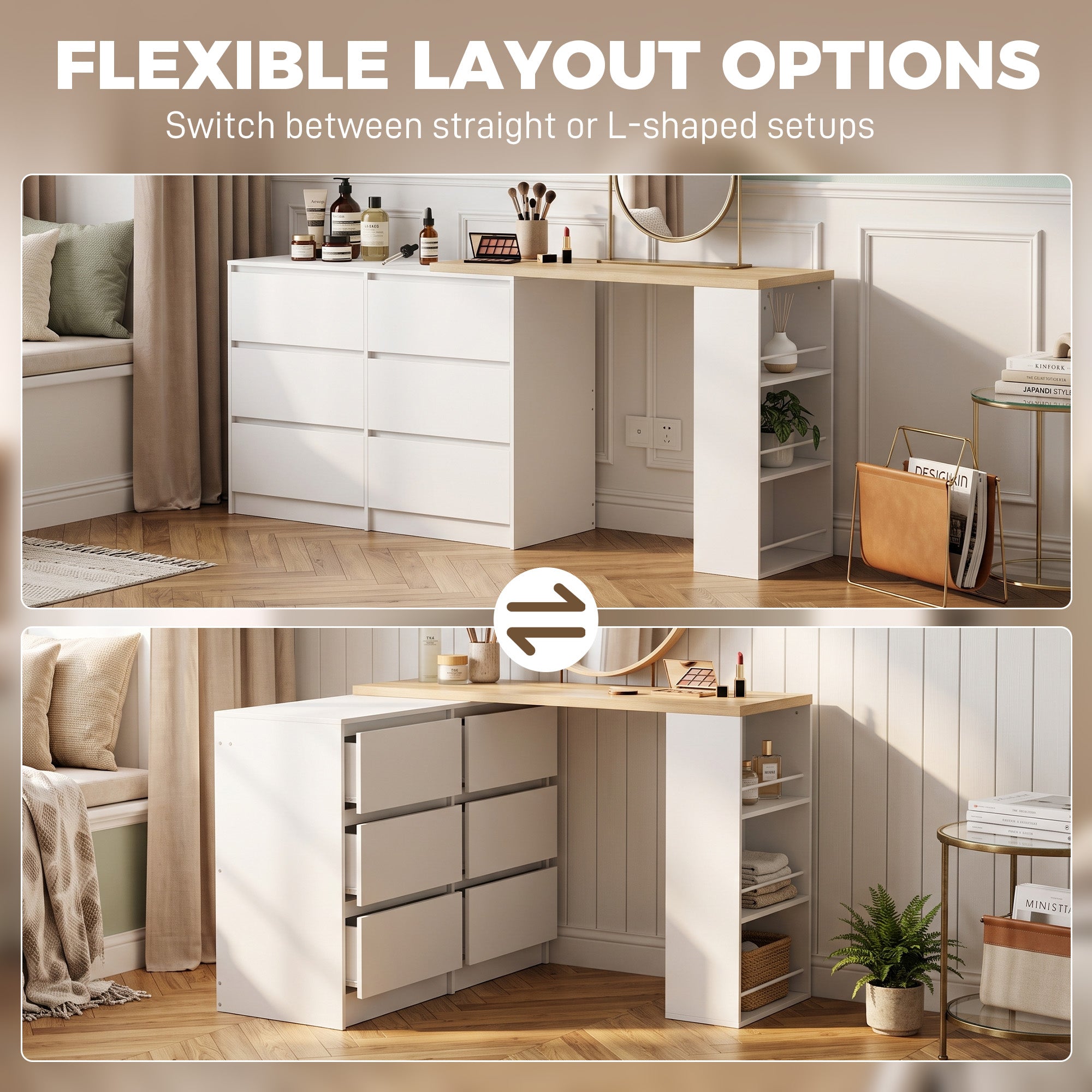 Dressing Table with 6 Drawers, 3-Tier Shelf, Straight or L-Shaped Layout, Makeup Desk for Bedroom, White