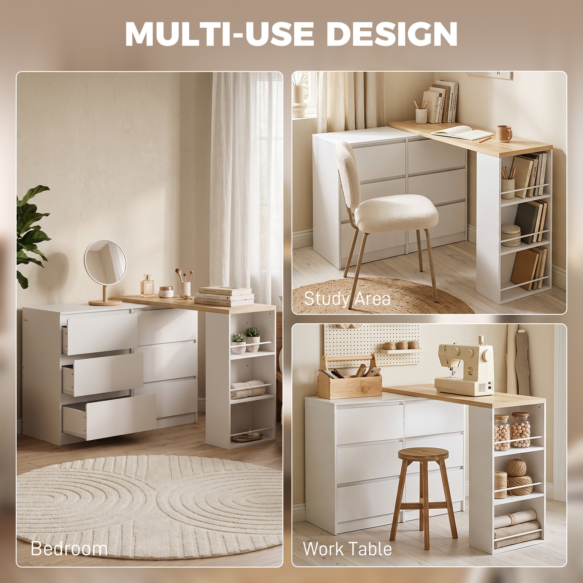 Dressing Table with 6 Drawers, 3-Tier Shelf, Straight or L-Shaped Layout, Makeup Desk for Bedroom, White