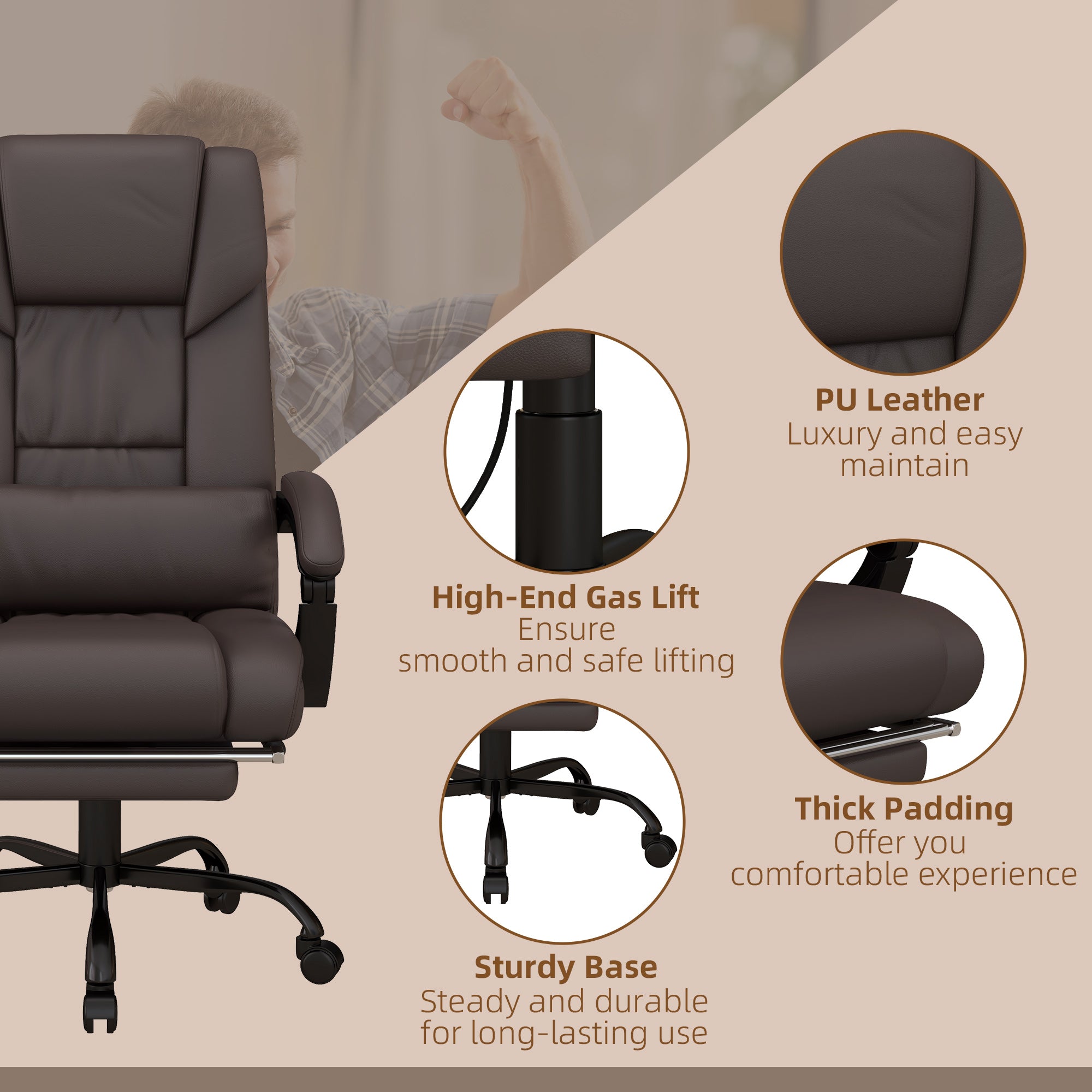 High Back Massage Office Chair with 6 Vibration Points, PU Leather Reclining Computer Chair, Ergonomic Desk Chair  Brown