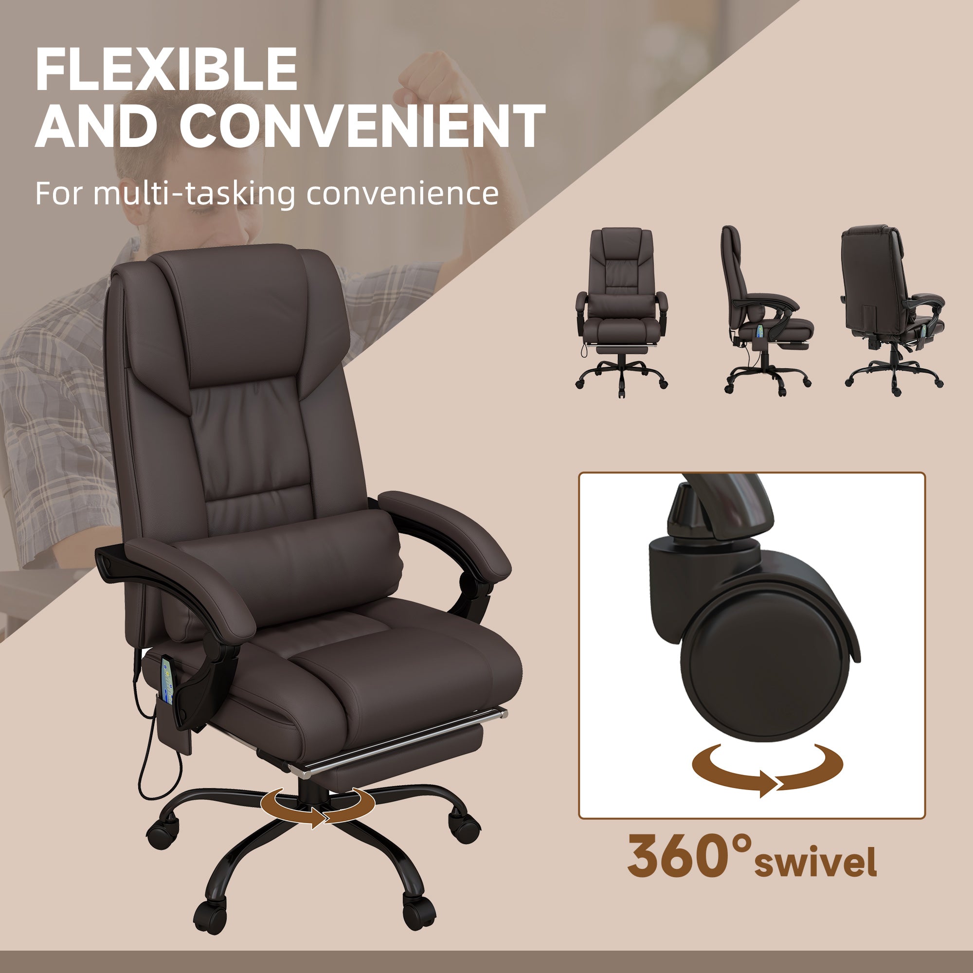 High Back Massage Office Chair with 6 Vibration Points, PU Leather Reclining Computer Chair, Ergonomic Desk Chair  Brown