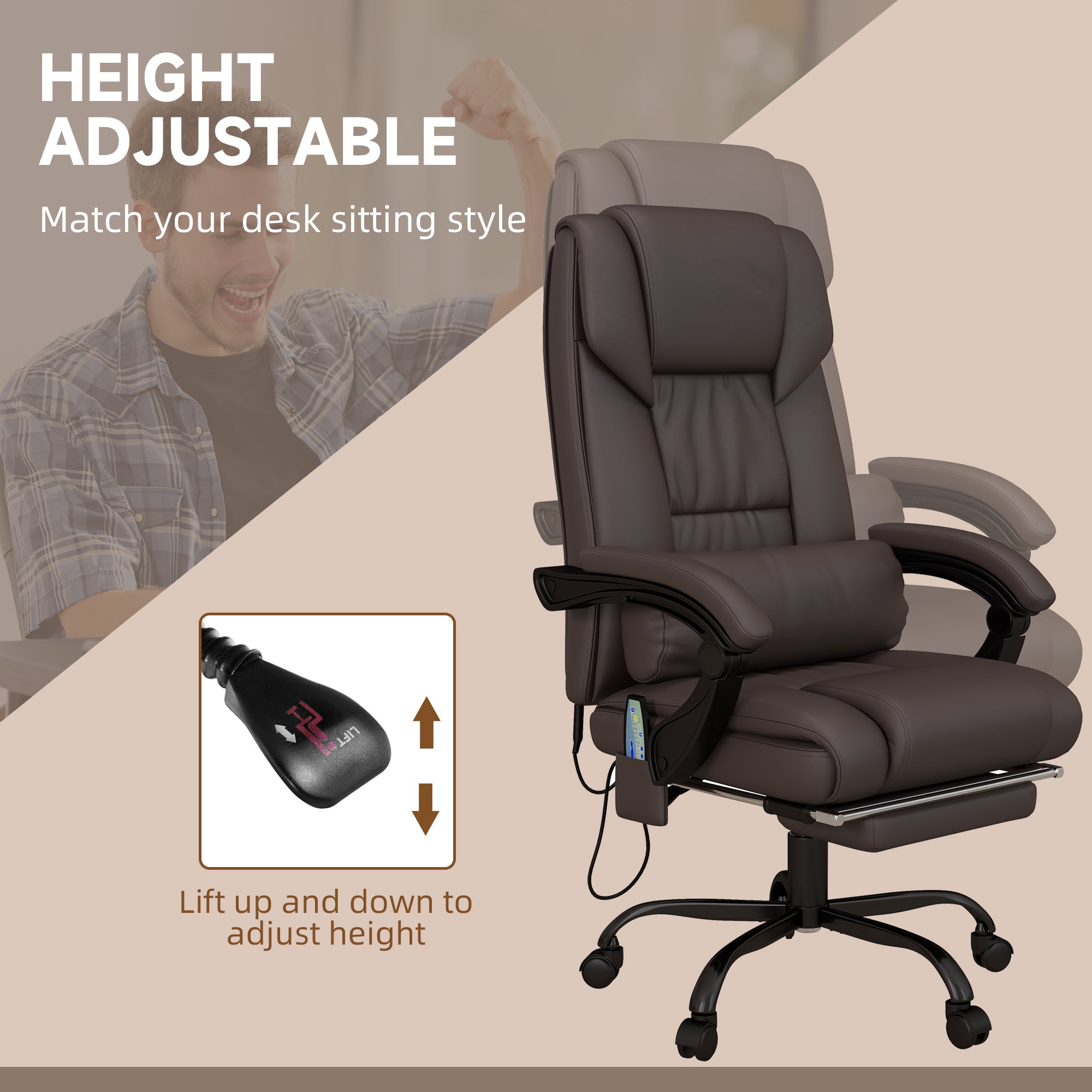 High Back Massage Office Chair with 6 Vibration Points, PU Leather Reclining Computer Chair, Ergonomic Desk Chair  Brown