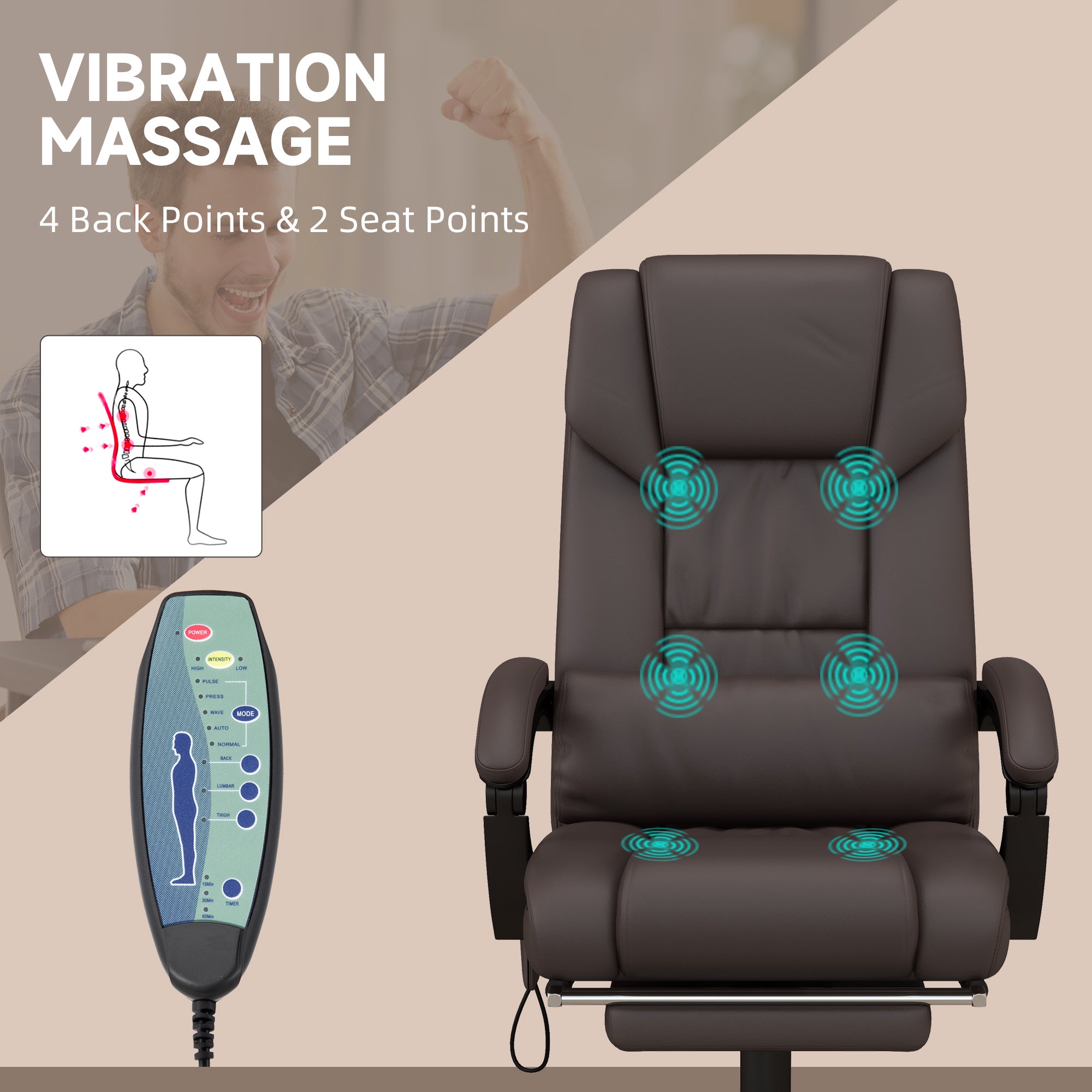 High Back Massage Office Chair with 6 Vibration Points, PU Leather Reclining Computer Chair, Ergonomic Desk Chair  Brown