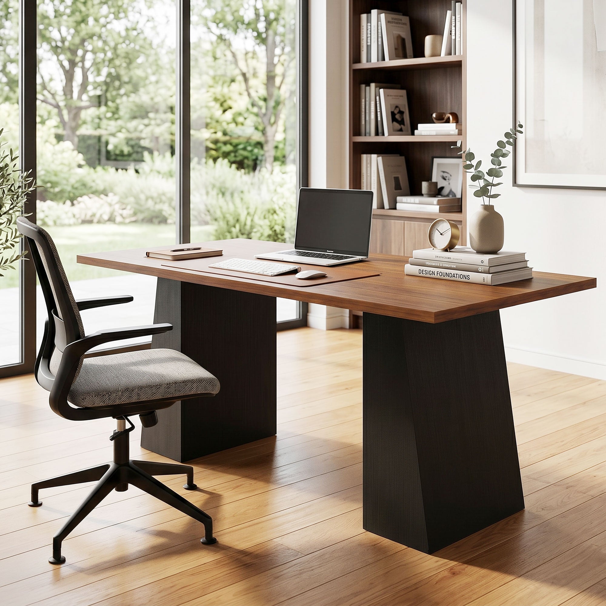 63 Inch Computer Desk, Modern Industrial Writing Desk with Trapezoidal Frame, Easy Assembly Desk Workstation for Home Office, Living Room, Light Walnut and Black