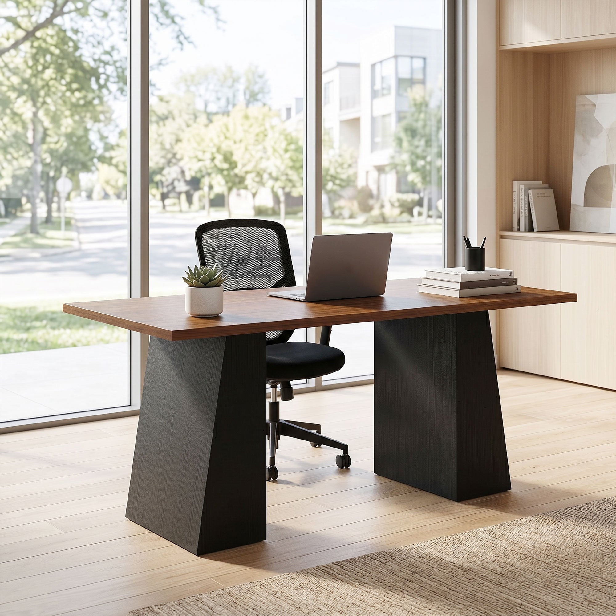 63 Inch Computer Desk, Modern Industrial Writing Desk with Trapezoidal Frame, Easy Assembly Desk Workstation for Home Office, Living Room, Light Walnut and Black