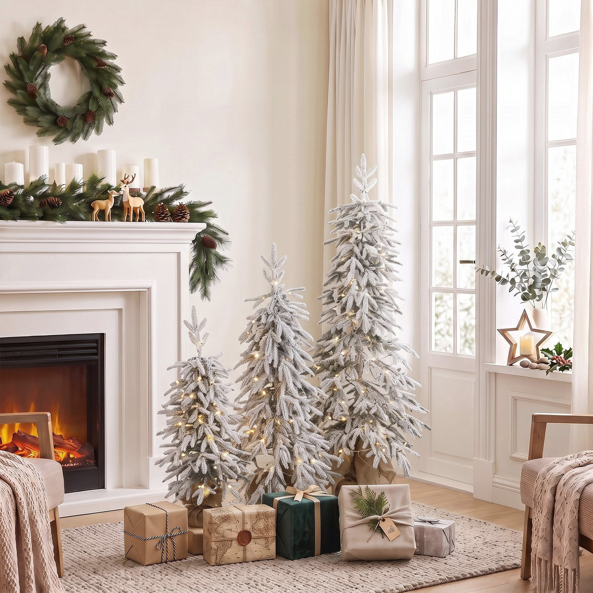 Prelit Flocked Artificial Christmas Tree Set of 3, Snowy Xmas Tree with PE Tips, Warm White LED Lights, 8 Modes, Space Saving Slim Pencil Xmas Decoration Tree 3FT+4FT+5FT