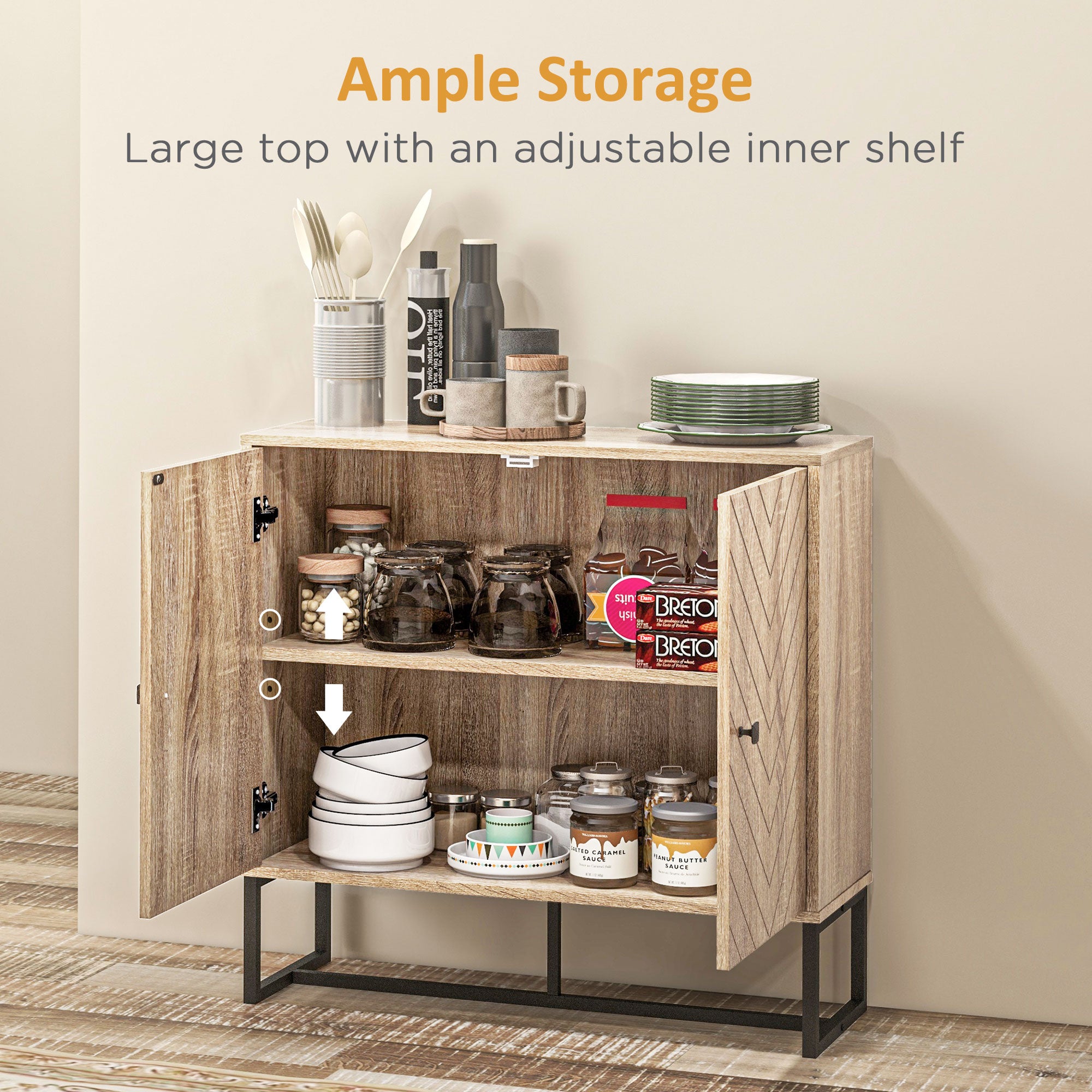 Modern Sideboard, 31.5" Buffet Cabinet with Adjustable Shelf, Coffee Bar Cabinet with Steel Base and 2 Chevron Doors, Natural Wood