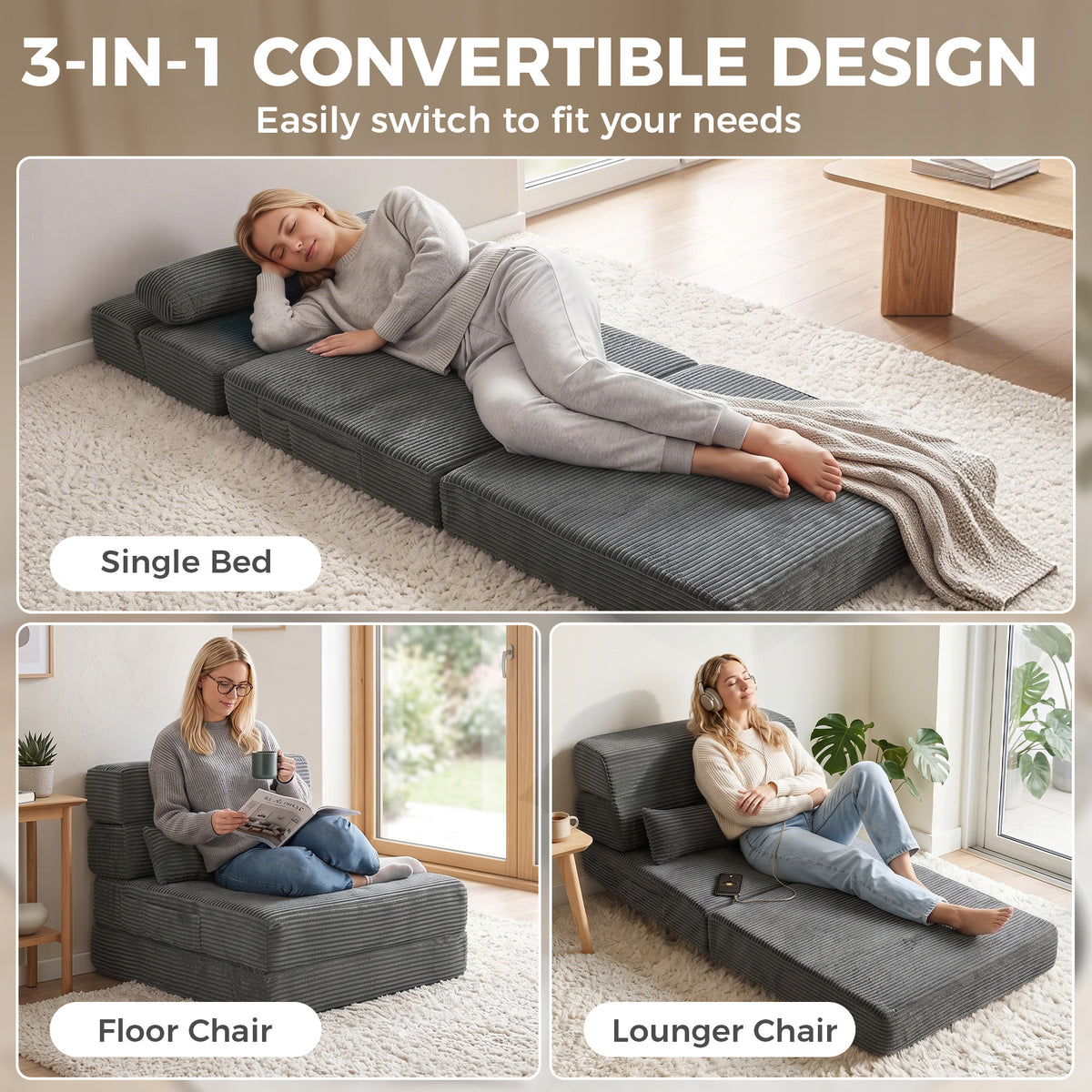 28" Folding Sofa Bed, Boneless Cloud Corduroy Sleeper Floor Chair, Floor Sofa with Back Support, Thick Cushion, Lumbar Pillow, Side Pockets for Living Room, Dark Grey