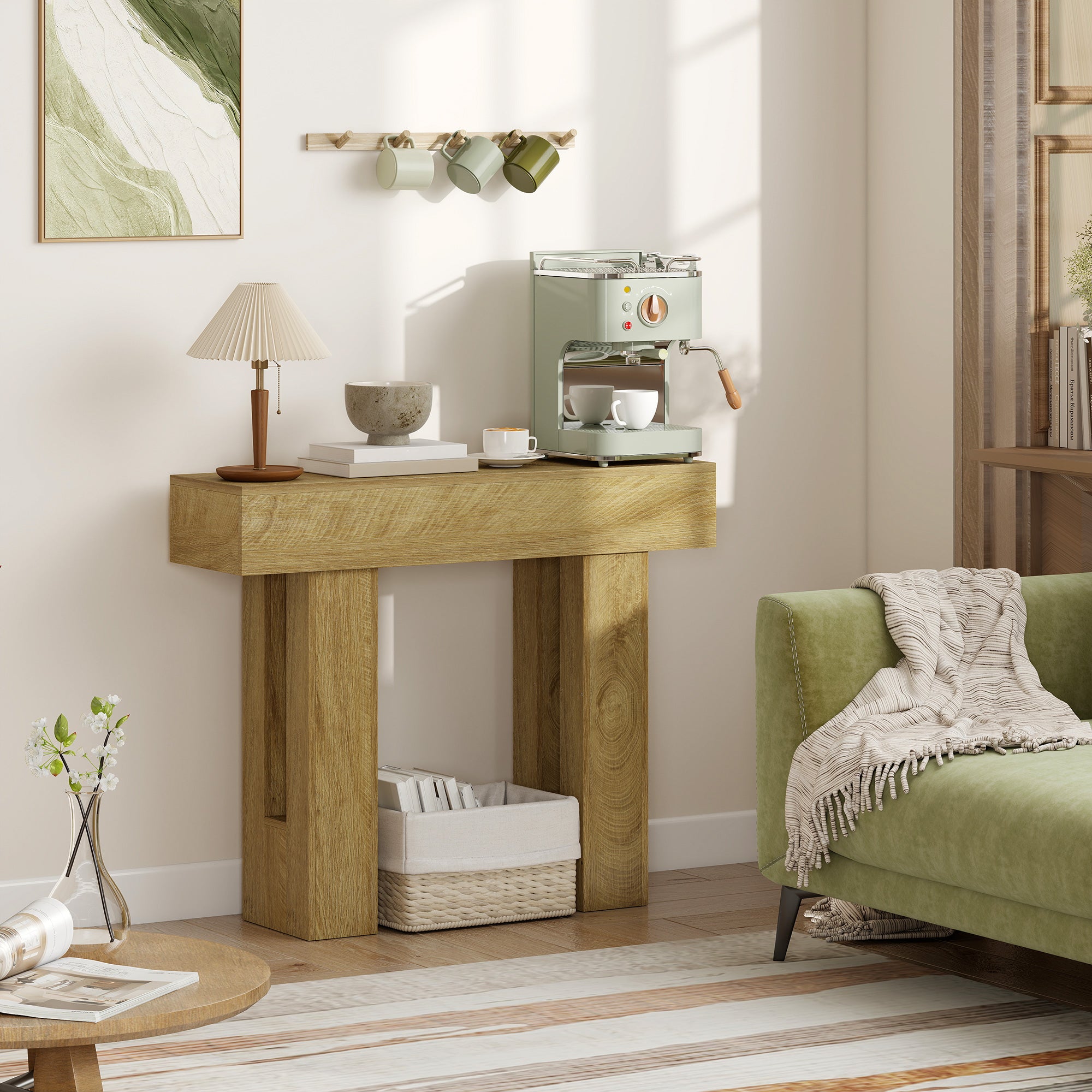 42 Inch Console Table, Narrow Farmhouse Entryway Table with Thickened Tabletop for Living Room, Hallway, Entrance, Oak