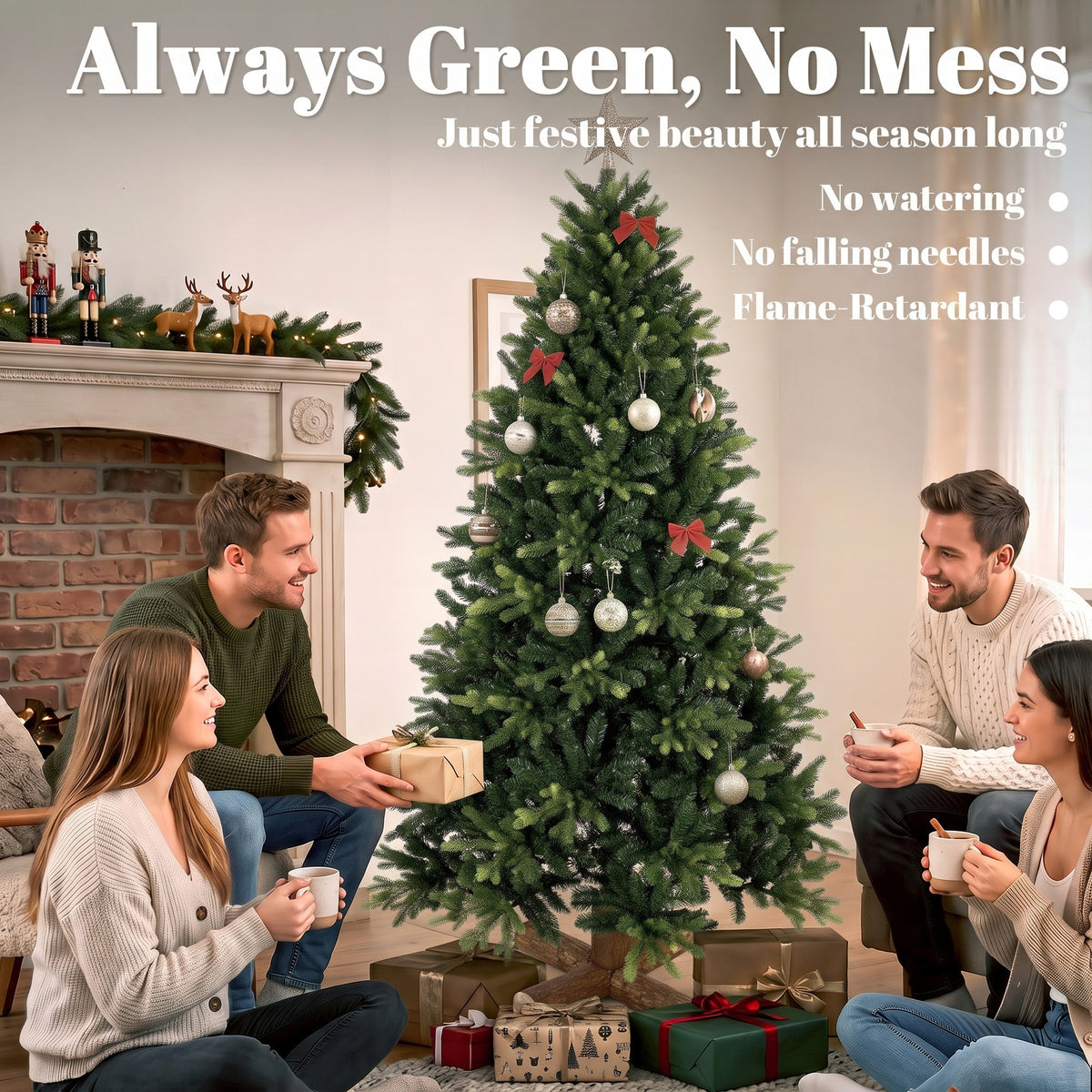 6ft Artificial Christmas Tree, Hinged Xmas Tree with 2419 PE & PVC Branch Tips, Solid Fir Wood Stand, Auto Open for Home Office Holiday Decoration, Green