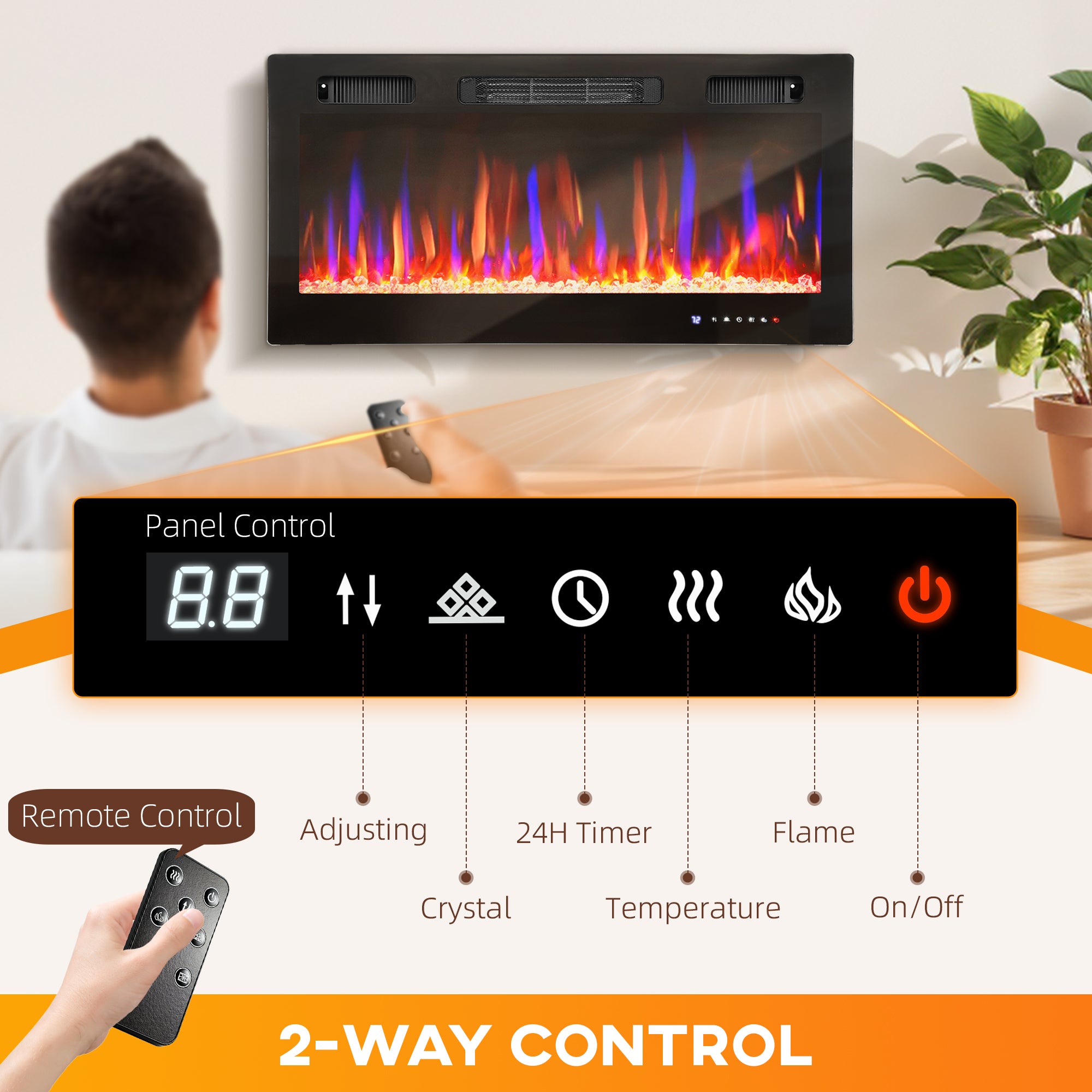 91cm/36" Electric Fireplace, Ultra-Slim Wall Mounted and Recessed Electric Fire Heater with Adjustable Flame and Thermostat, Eco Mode, Auto Switch, Weekly and 24H Timer, Remote, 900W/1800W