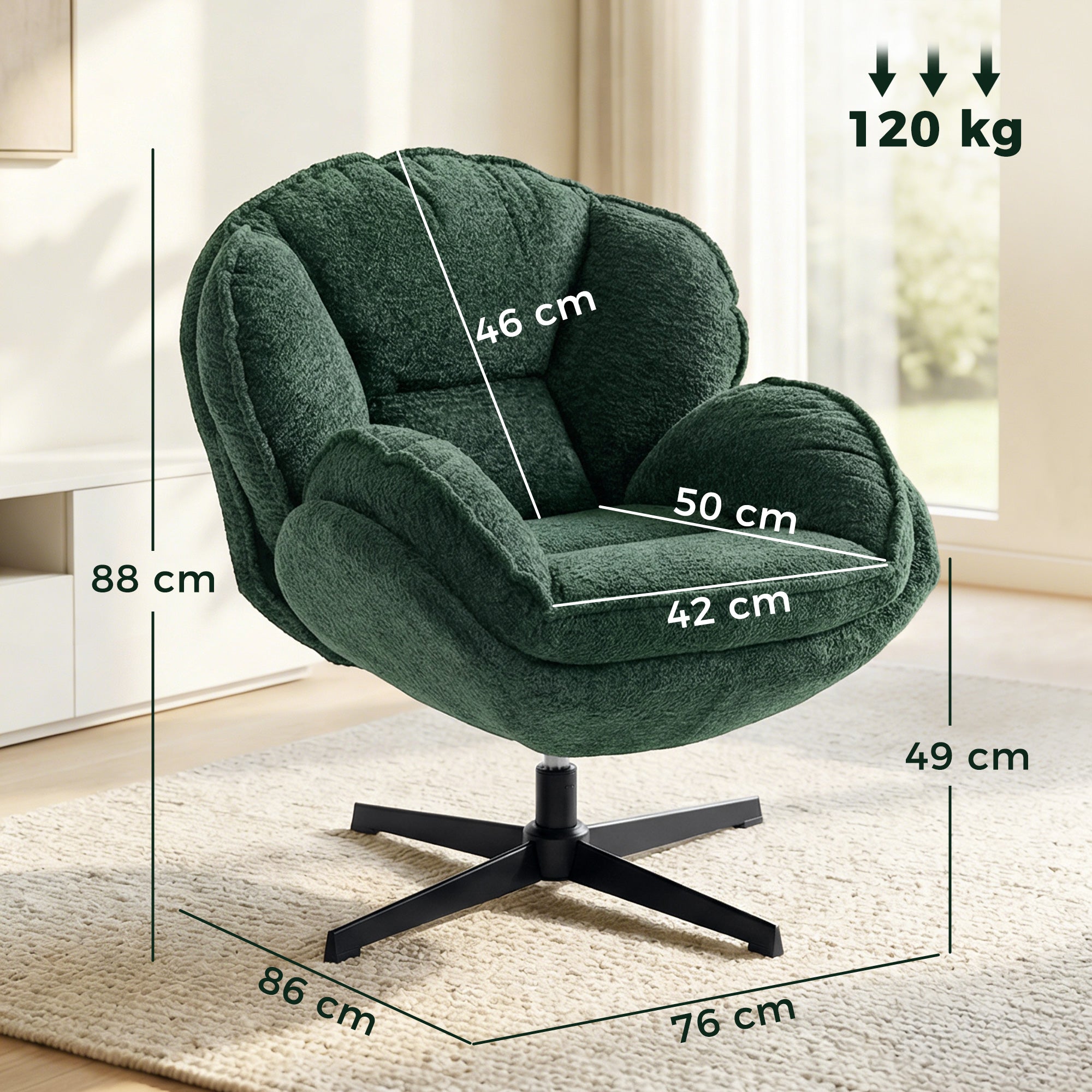 Modern Wingback Accent Chair, Velvet Armchair with 360° Swivel, Four-Star Base, S-Springs, Bedroom Chair for Living Room, Bedroom, Study, Dark Green