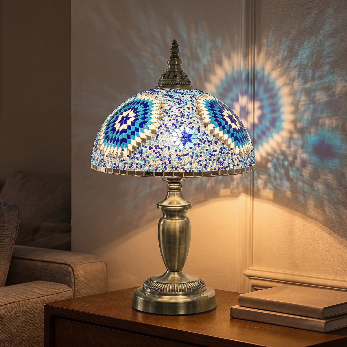Tiffany Lamp, Stained Glass Bedside Table Lamp with Button Switch and Metal Base for Bedroom, Study and Living Room, 12 x 12 x 20 Inches, Blue