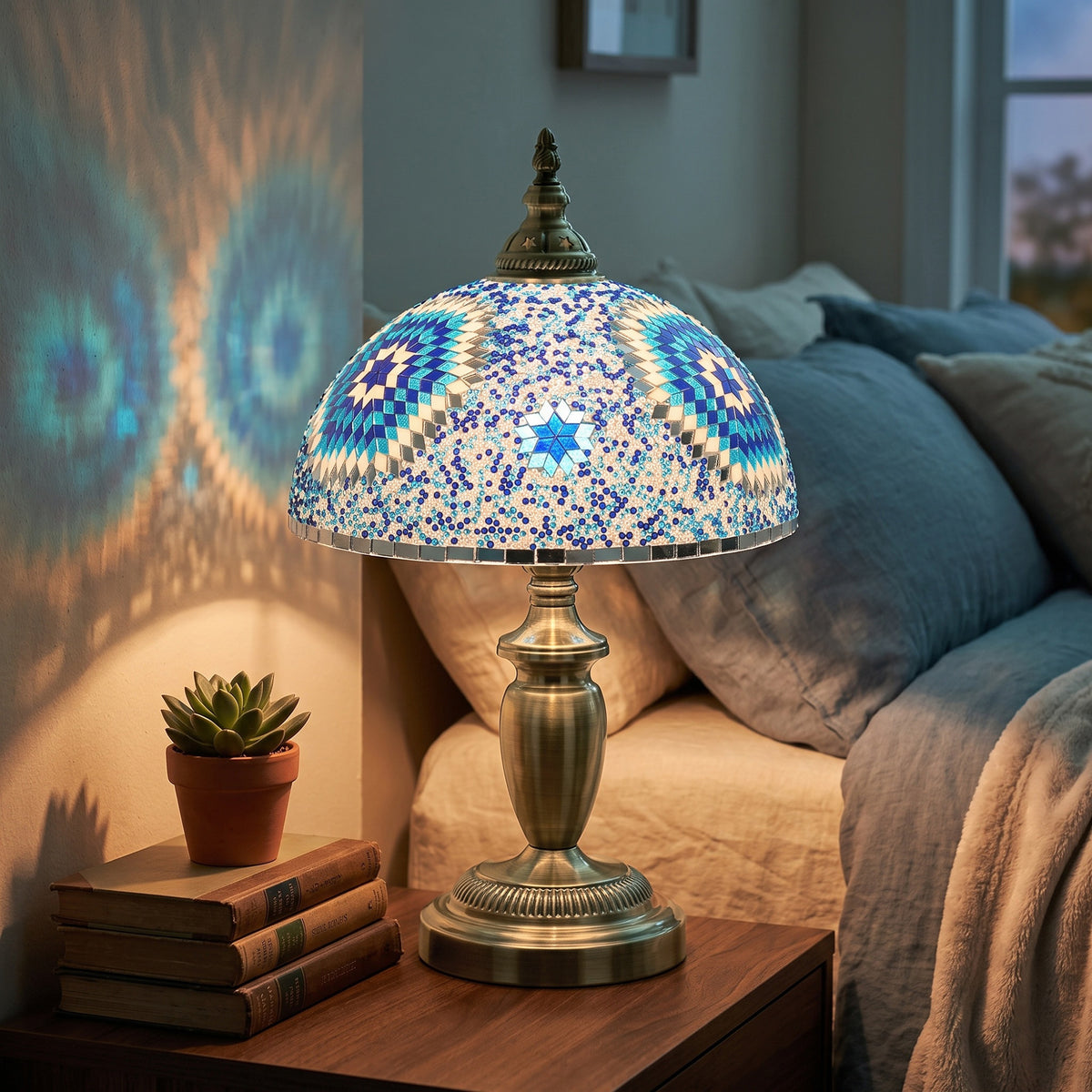 Tiffany Lamp, Stained Glass Bedside Table Lamp with Button Switch and Metal Base for Bedroom, Study and Living Room, 12 x 12 x 20 Inches, Blue