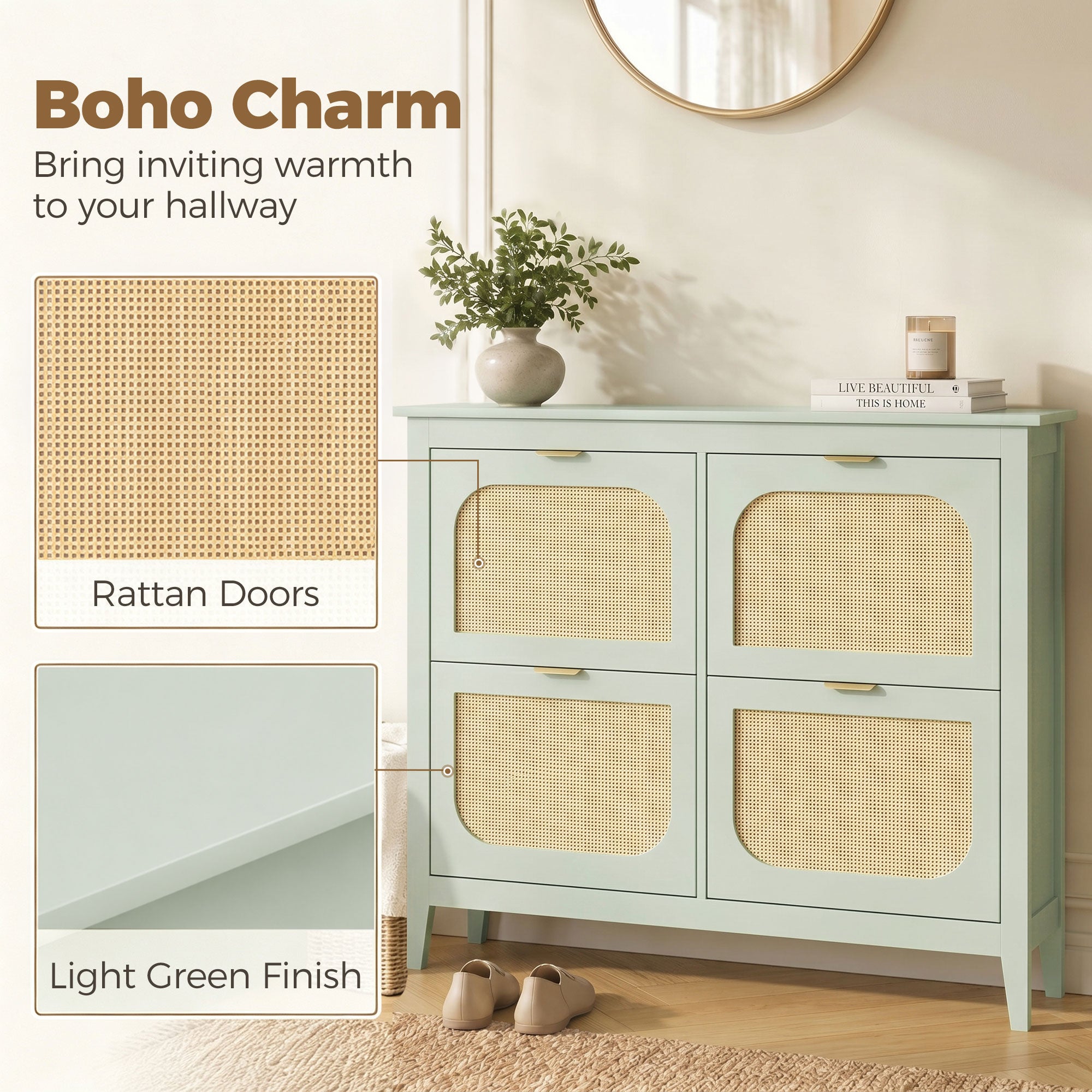 Shoe Storage Cabinet with 4 Flip Drawers, Boho Slim Shoe Cabinet with Rattan Doors for Entryway, Hallway, Holds 20 Pairs, Light Green