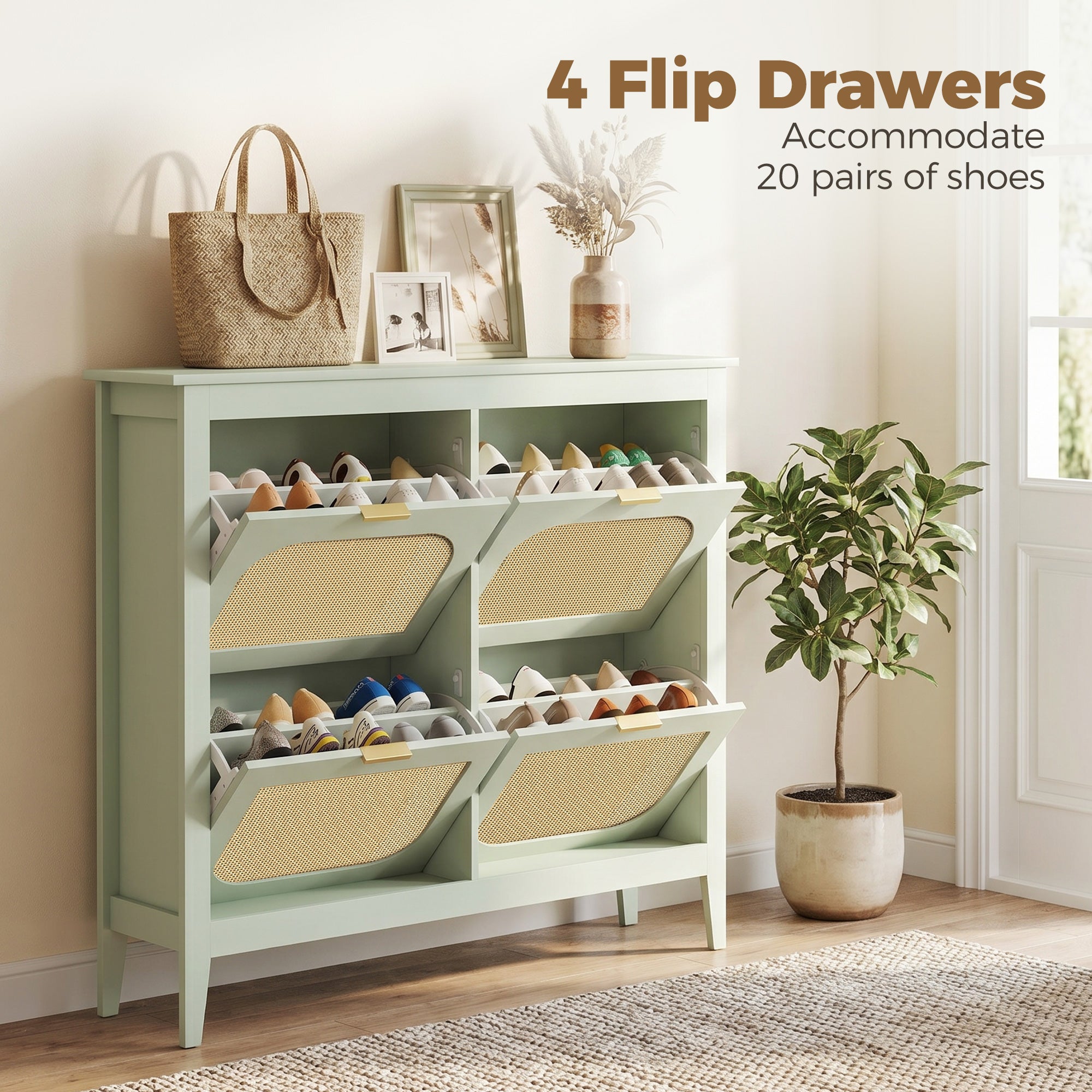 Shoe Storage Cabinet with 4 Flip Drawers, Boho Slim Shoe Cabinet with Rattan Doors for Entryway, Hallway, Holds 20 Pairs, Light Green