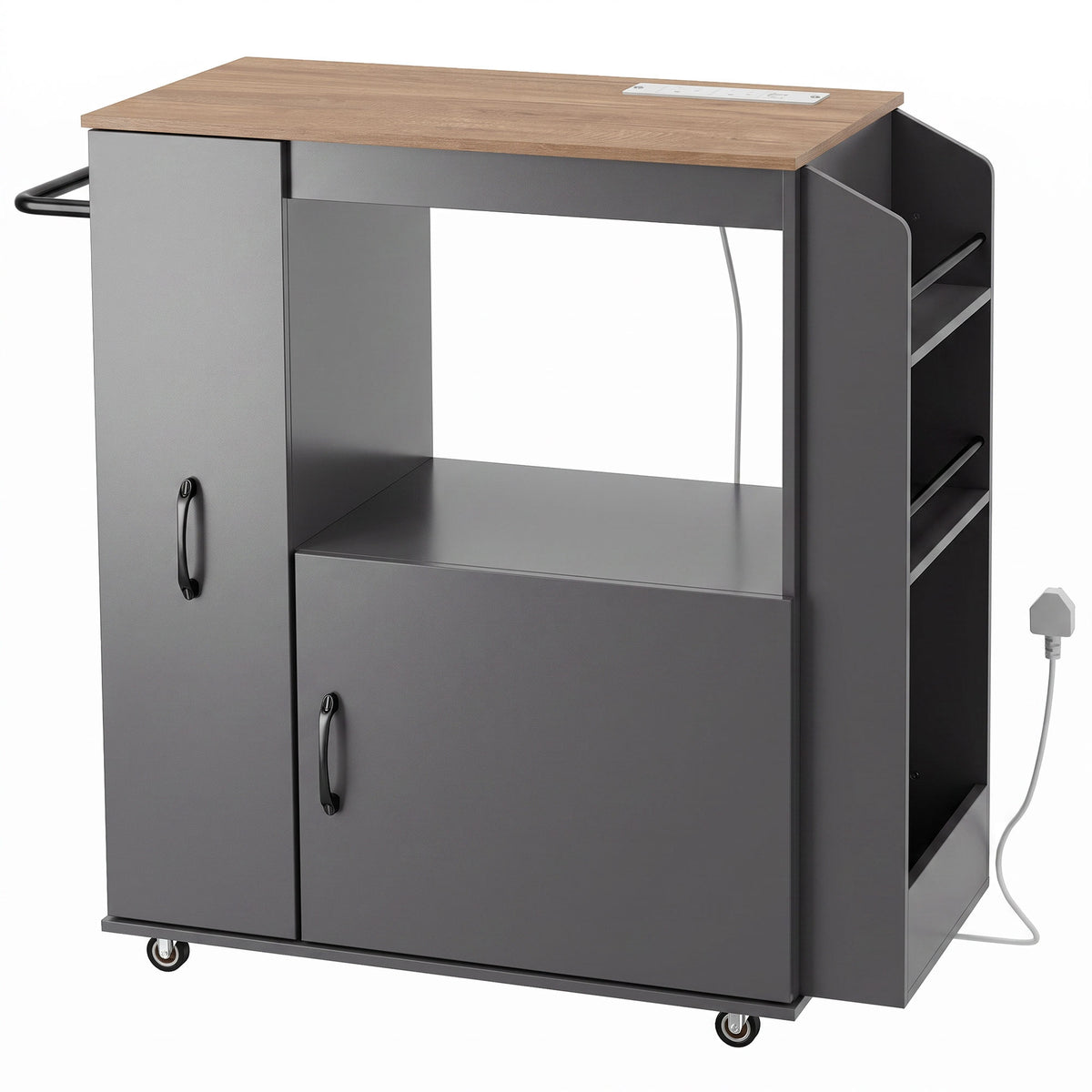 Kitchen Trolley on Wheels, Rolling Kitchen Island Cart with Power Outlet, Cabinet, Pull-Out Drawer and Towel & Spice Rack, Mobile Serving Trolley Cart for Dining Room, Bathroom, Grey