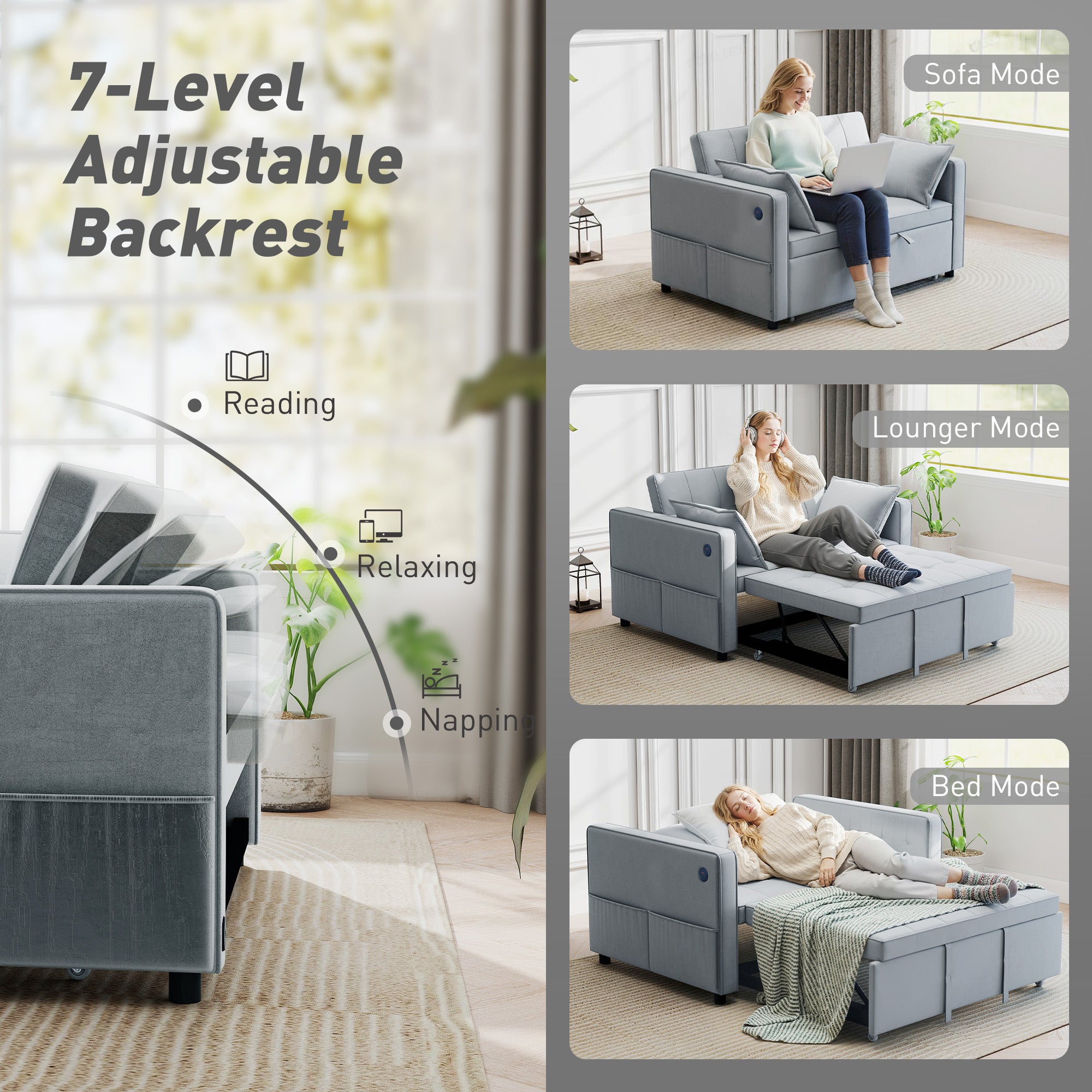 3‑in‑1 Convertible Sofa Bed, Pull Out Sleeper Sofa with USB Charging, Adjustable Backrest, Side Pockets, Sleeper Couch for Living Room, Small Space, Apartment, Light Grey