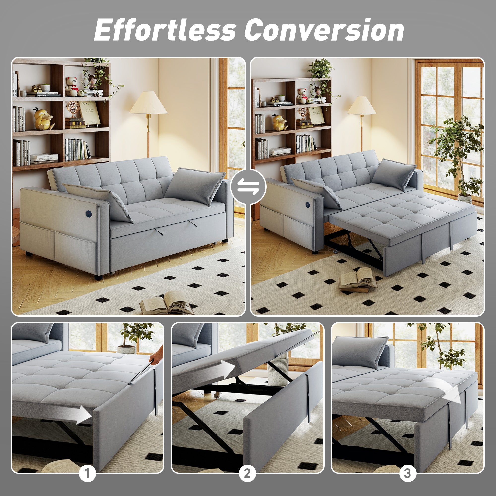 3‑in‑1 Convertible Sofa Bed, Pull Out Sleeper Sofa with USB Charging, Adjustable Backrest, Side Pockets, Sleeper Couch for Living Room, Small Space, Apartment, Light Grey