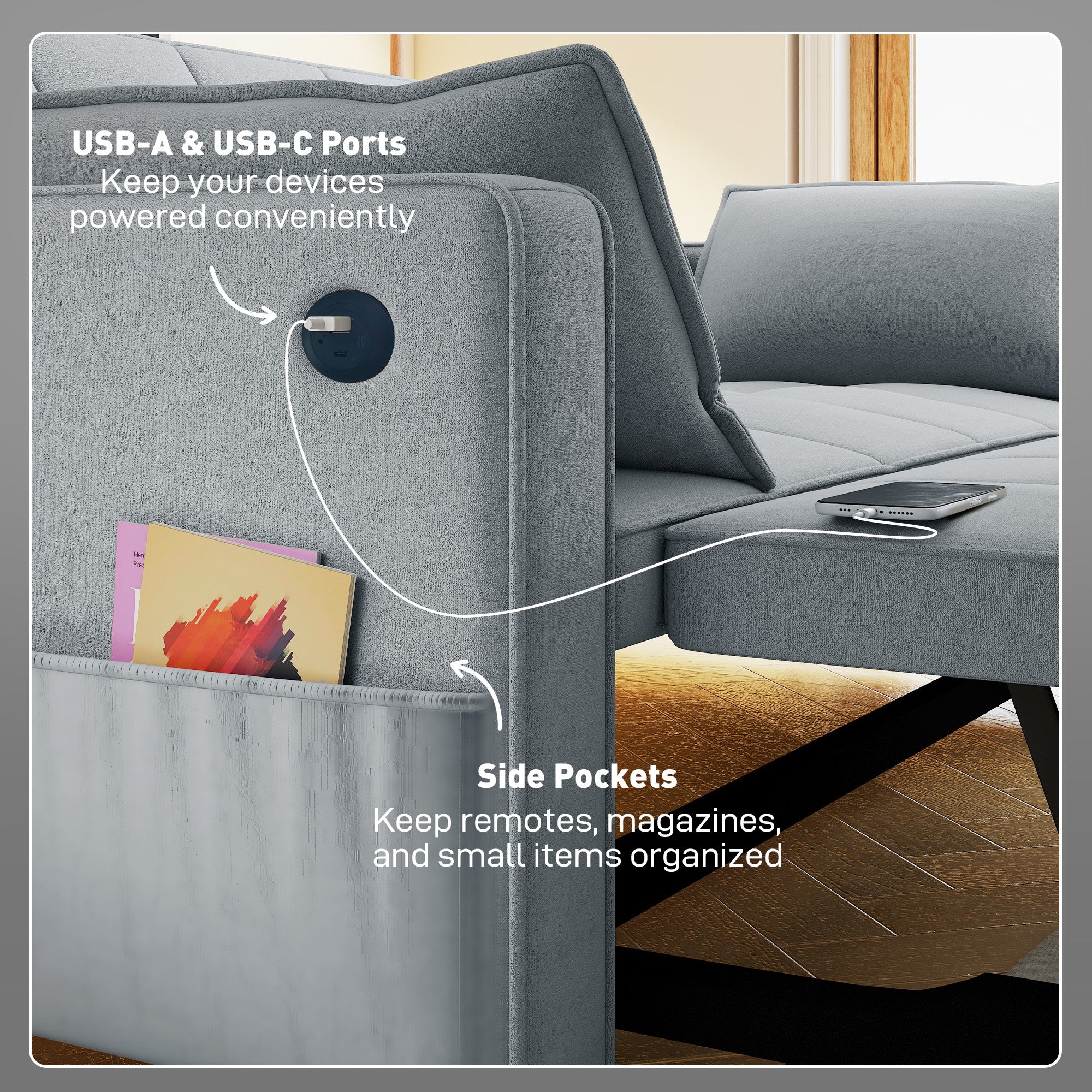 3‑in‑1 Convertible Sofa Bed, Pull Out Sleeper Sofa with USB Charging, Adjustable Backrest, Side Pockets, Sleeper Couch for Living Room, Small Space, Apartment, Light Grey
