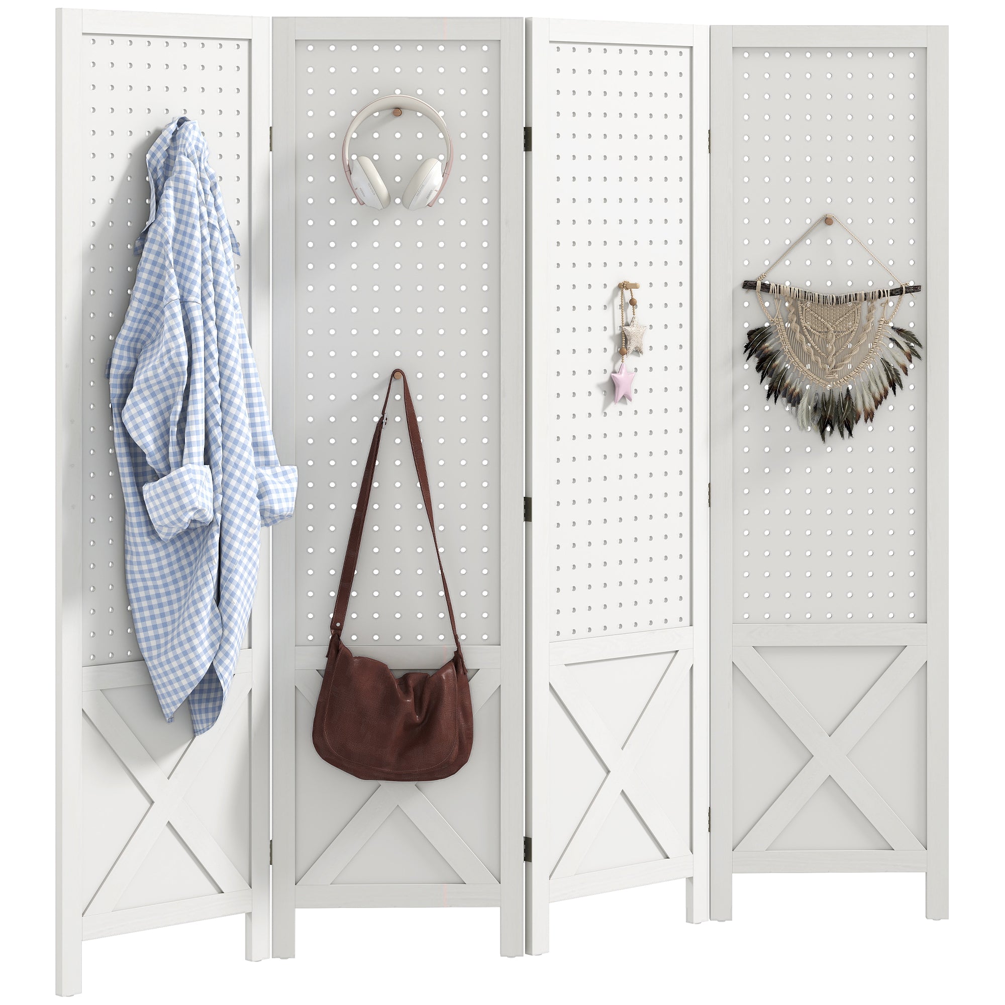 4 Panel Pegboard Display Room Divider, 56.9" Tall Wood Indoor Portable Folding Privacy Screen, Partition Wall Divider for Bedroom, White