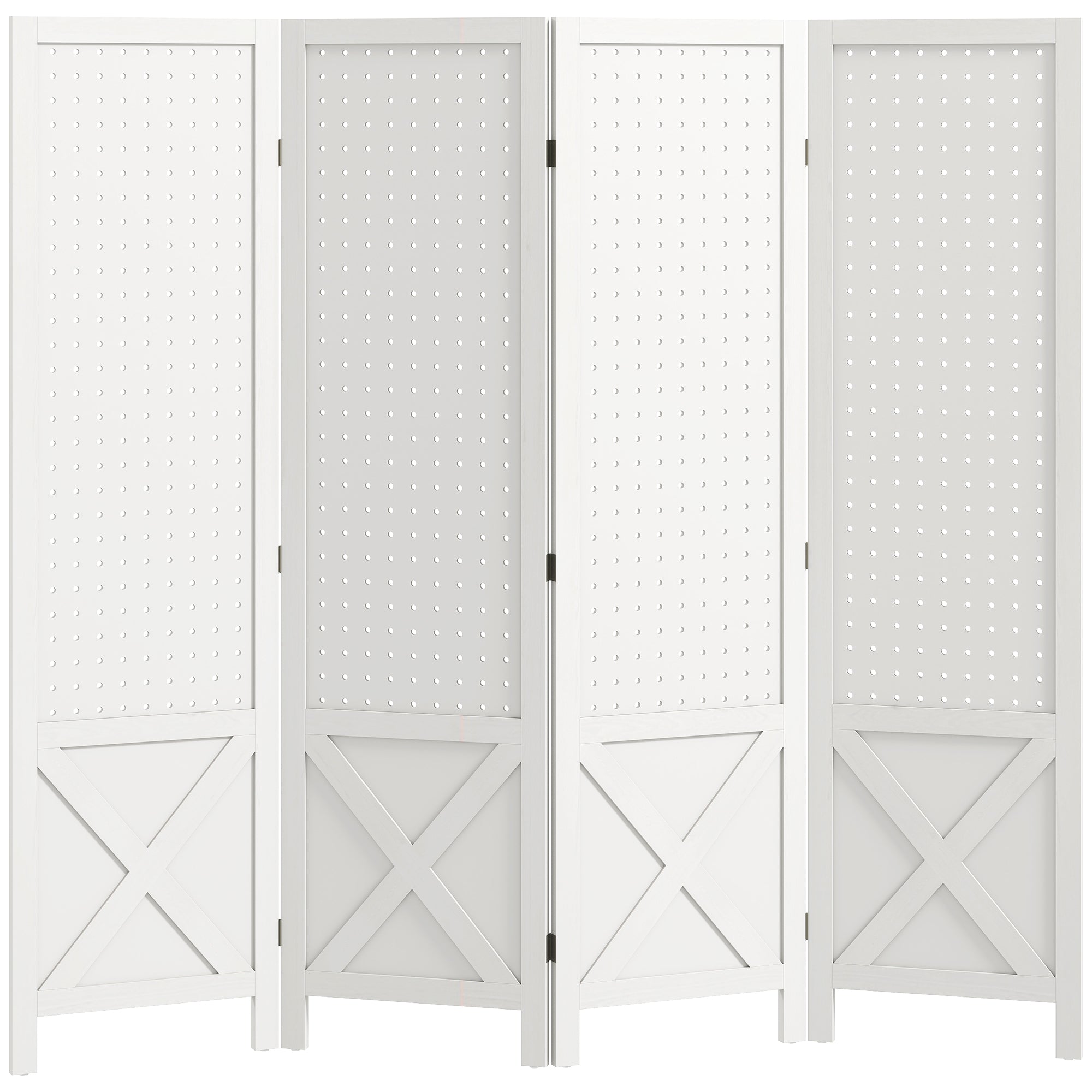 4 Panel Pegboard Display Room Divider, 56.9" Tall Wood Indoor Portable Folding Privacy Screen, Partition Wall Divider for Bedroom, White