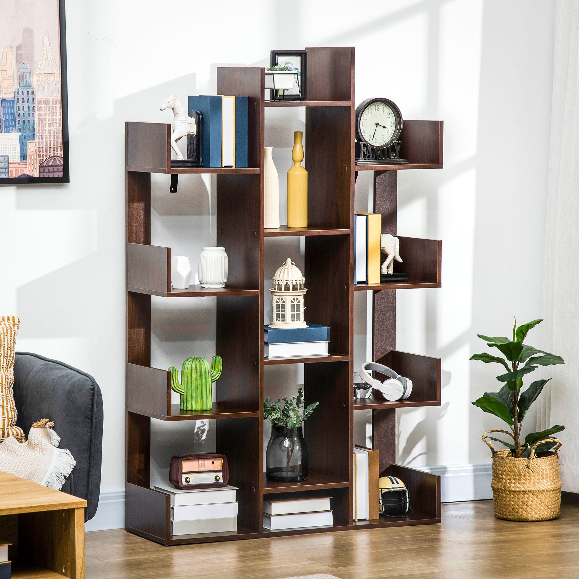 Tree Bookshelf Modern Freestanding Bookcase with 13 Open Shelves Display Unit for Living Room