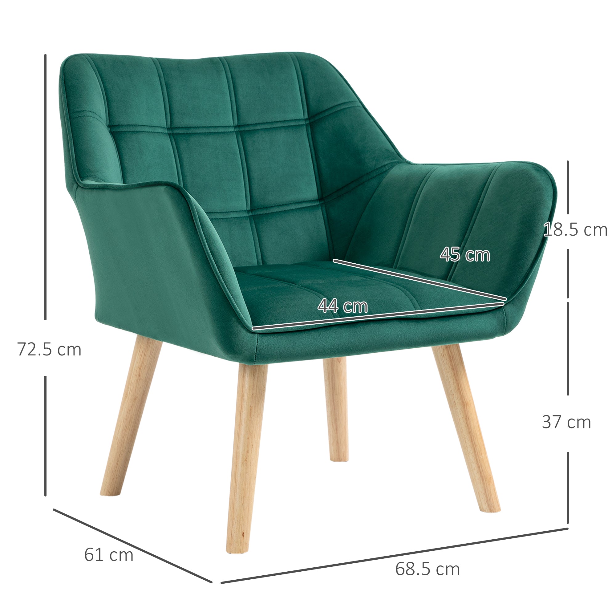 HOMCOM Armchair Accent Chair, Vanity Chair with Wide Arms, Slanted Back, Padding, Metal Frame, Wooden Legs, Home Bedroom Furniture Seating, Green