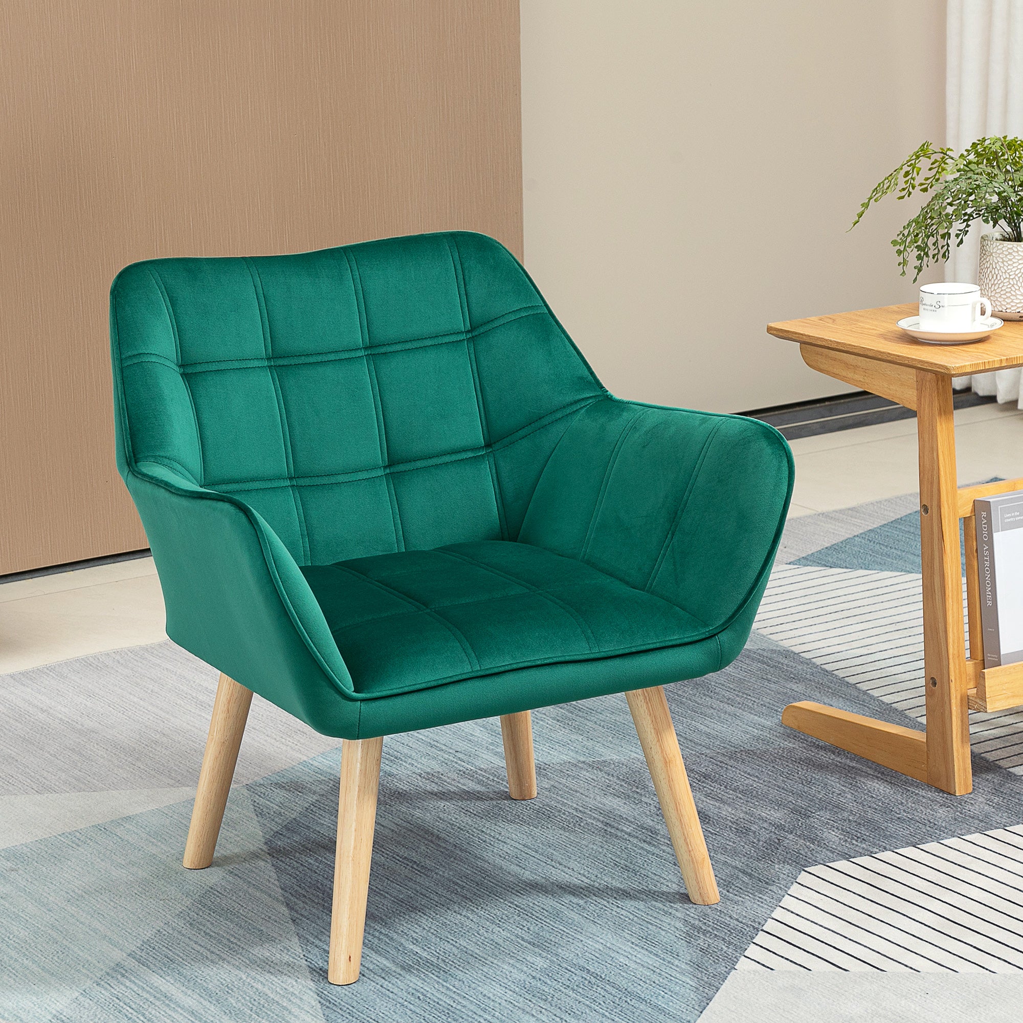 HOMCOM Armchair Accent Chair, Vanity Chair with Wide Arms, Slanted Back, Padding, Metal Frame, Wooden Legs, Home Bedroom Furniture Seating, Green