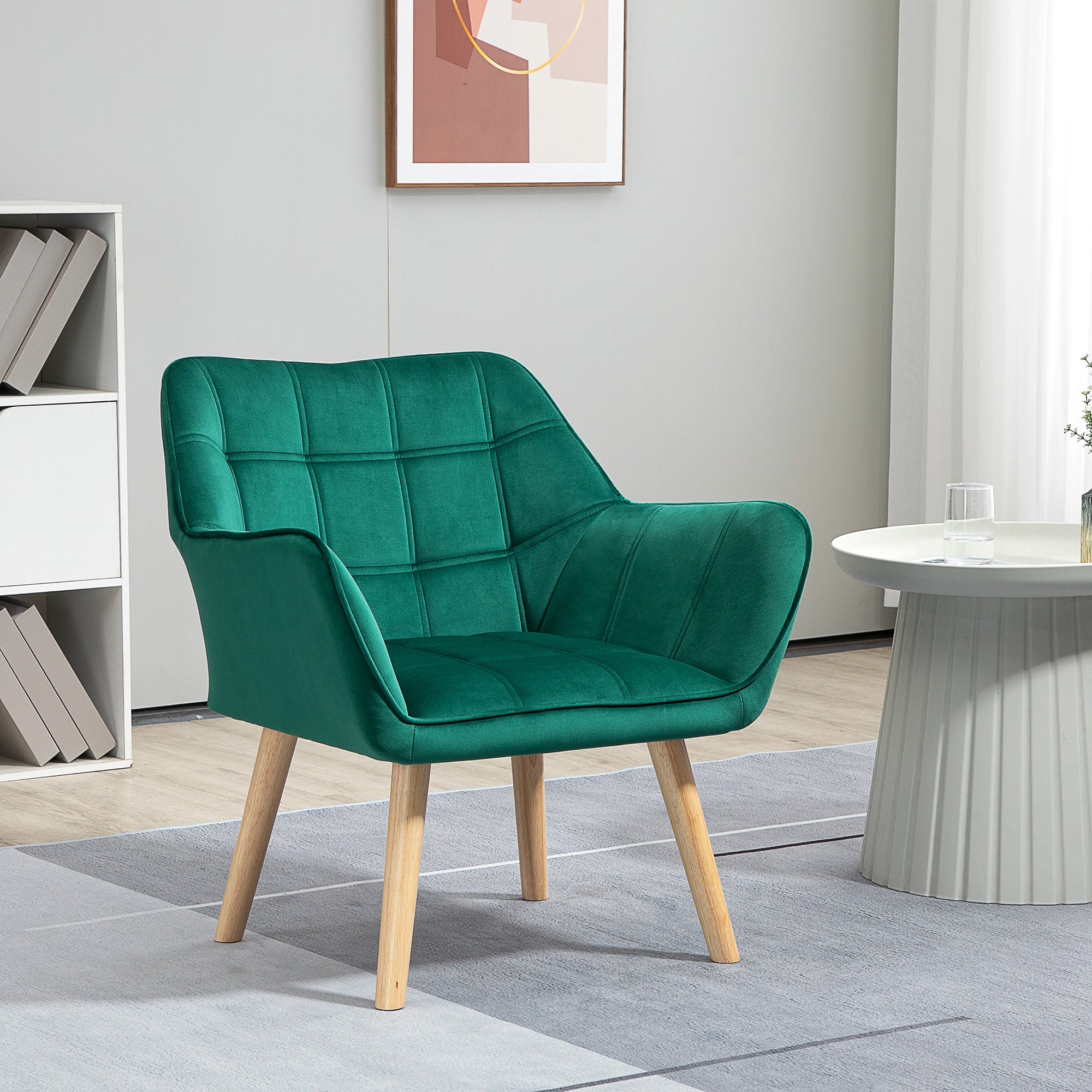 HOMCOM Armchair Accent Chair, Vanity Chair with Wide Arms, Slanted Back, Padding, Metal Frame, Wooden Legs, Home Bedroom Furniture Seating, Green