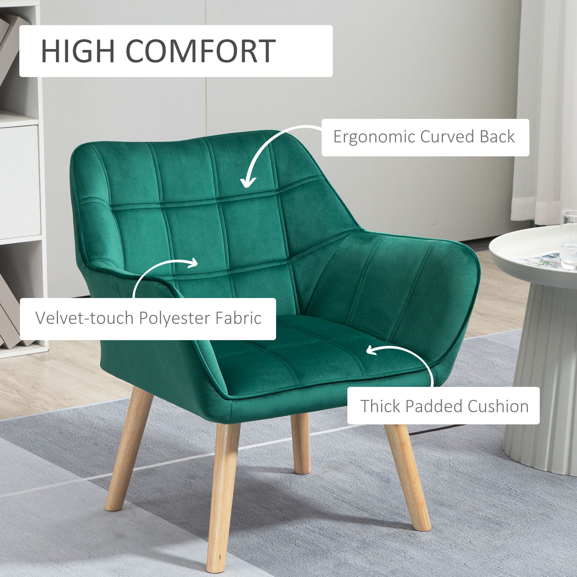 HOMCOM Armchair Accent Chair, Vanity Chair with Wide Arms, Slanted Back, Padding, Metal Frame, Wooden Legs, Home Bedroom Furniture Seating, Green