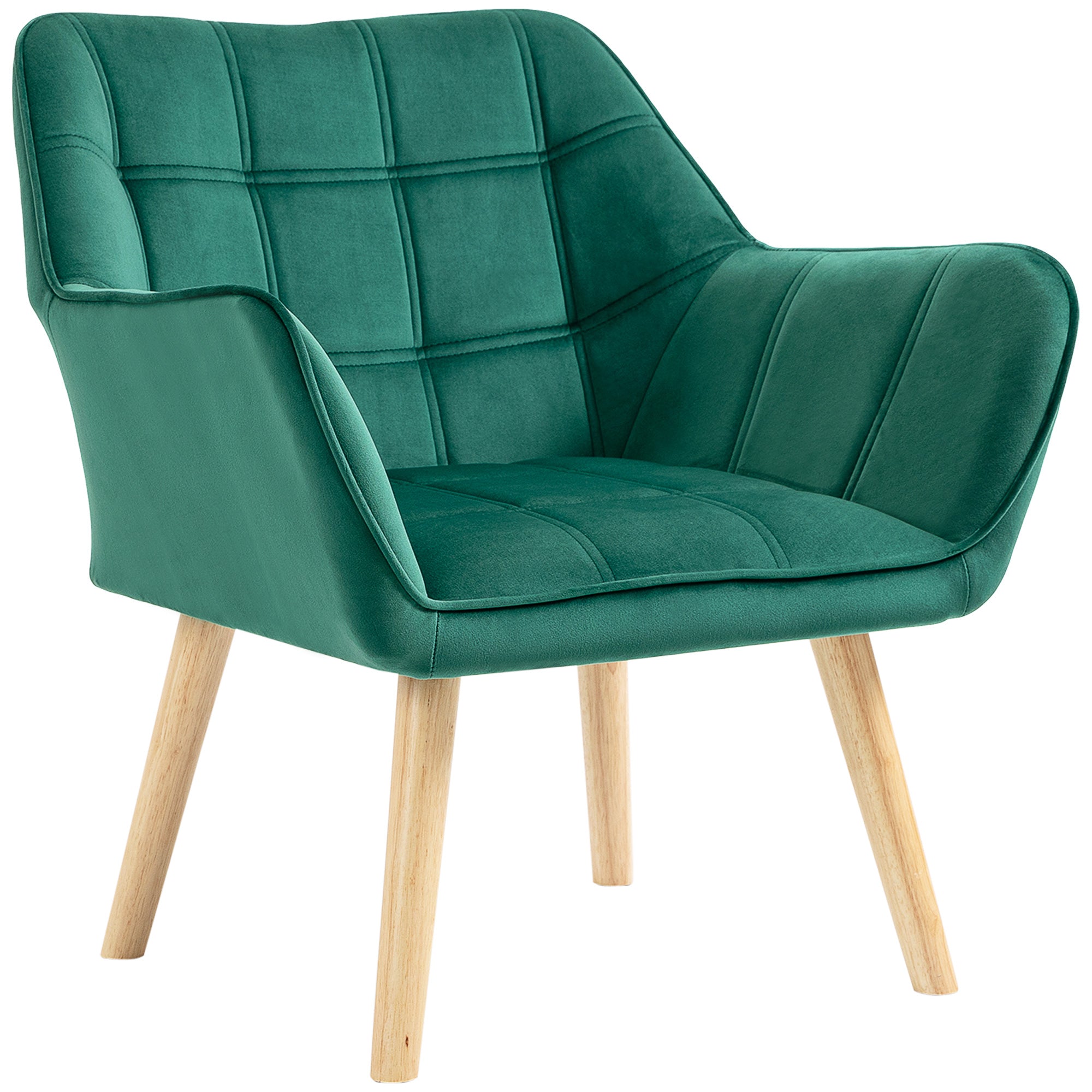 HOMCOM Armchair Accent Chair, Vanity Chair with Wide Arms, Slanted Back, Padding, Metal Frame, Wooden Legs, Home Bedroom Furniture Seating, Green