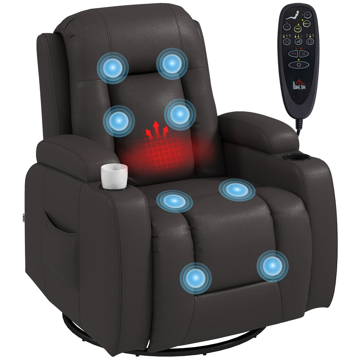 Recliner Armchair with Massage & Heat, Swivel Rocking Recliner Chair with Extended Footrest, Cup Holders and Side Pockets, PU Leather Manual Reclining Chair for Living Room, Dark Brown