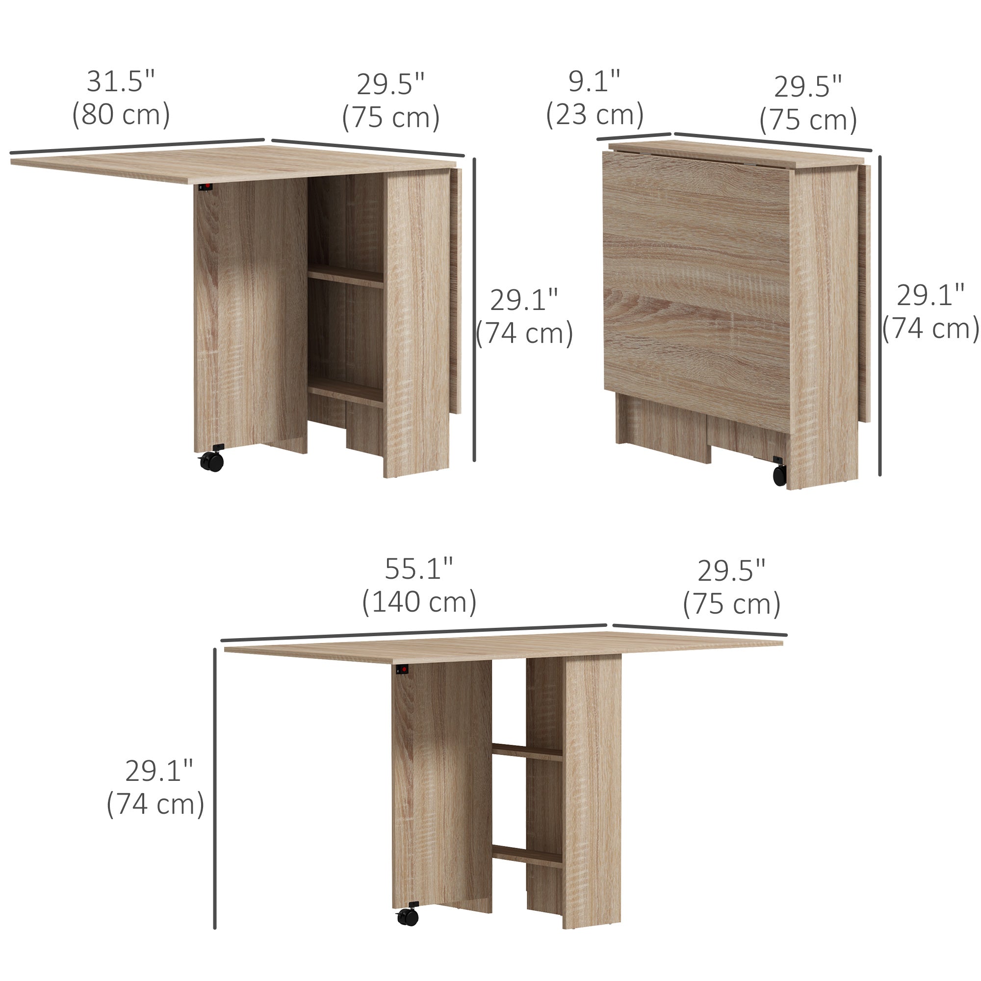 HOMCOM Folding Dining Table, Drop Leaf Table for Small Spaces with 2-tier Shelves, Small Kitchen Table with Rolling Casters, Nature Wood