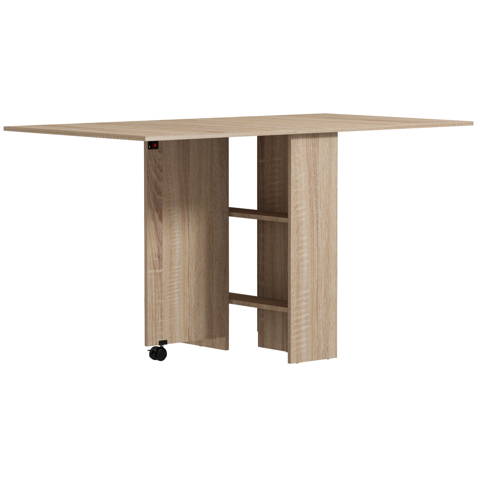 HOMCOM Folding Dining Table, Drop Leaf Table for Small Spaces with 2-tier Shelves, Small Kitchen Table with Rolling Casters, Nature Wood