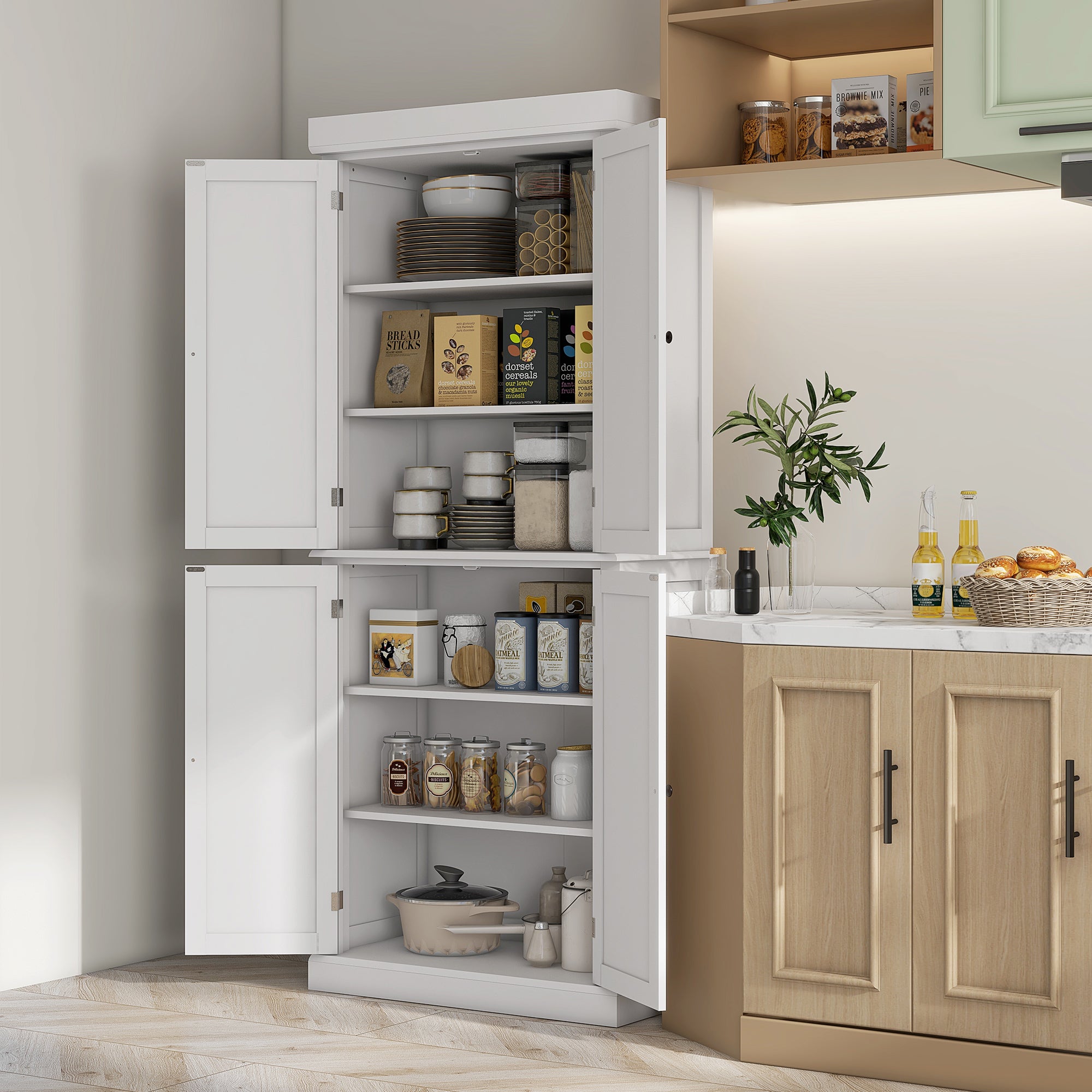 184cm Freestanding Kitchen Cupboard with 4 Doors, Modern Storage Cabinet Organizer with 6-Tier Shelving and 4 Adjustable Shelves, White