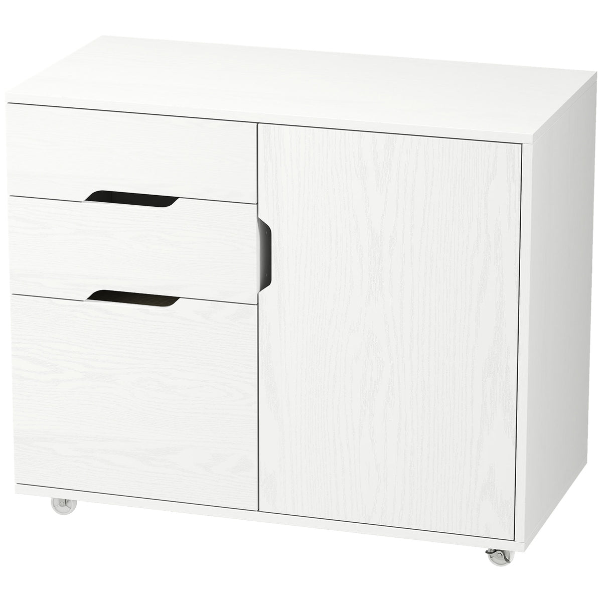 Lateral File Cabinet with Cabinet, Home Office Printer Stand, 3-Drawer Mobile Filing Cabinet, Lockable Wheels, Adjustable Shelf, for A4, Letter-Size Files, White Wood Grain