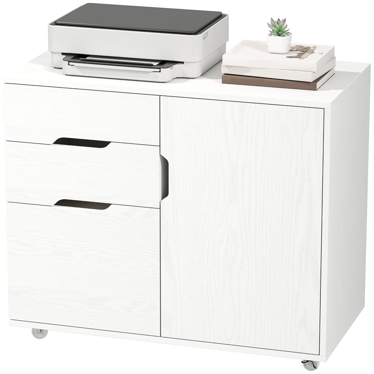 Lateral File Cabinet with Cabinet, Home Office Printer Stand, 3-Drawer Mobile Filing Cabinet, Lockable Wheels, Adjustable Shelf, for A4, Letter-Size Files, White Wood Grain